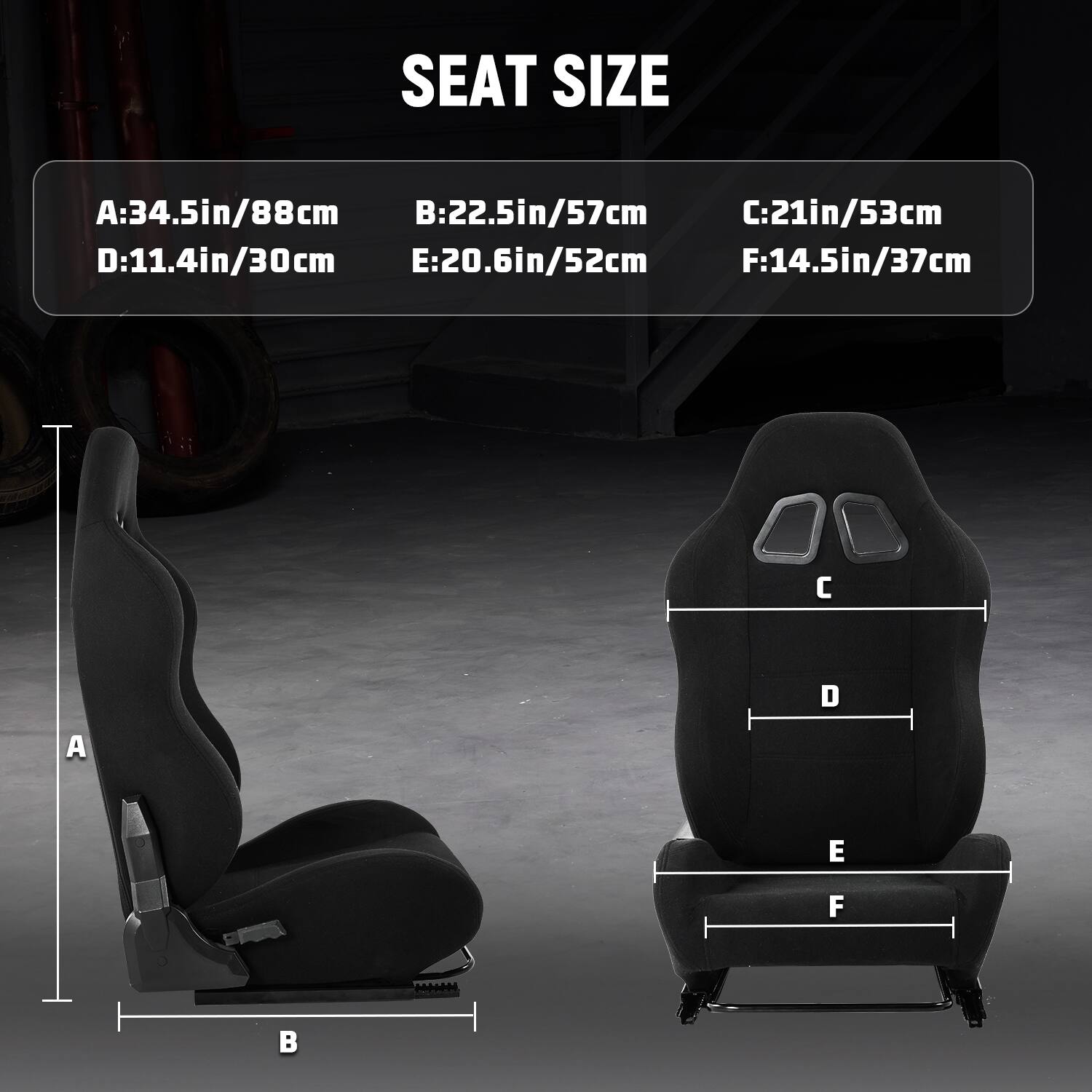 SEAT SIZE
A:34.5in/88cm
B:22.5in/57cm
C:21in/53cm
D:11.4in/30cm
E:20.6in/52cm
F:14.5in/37cm

D
A
E
F