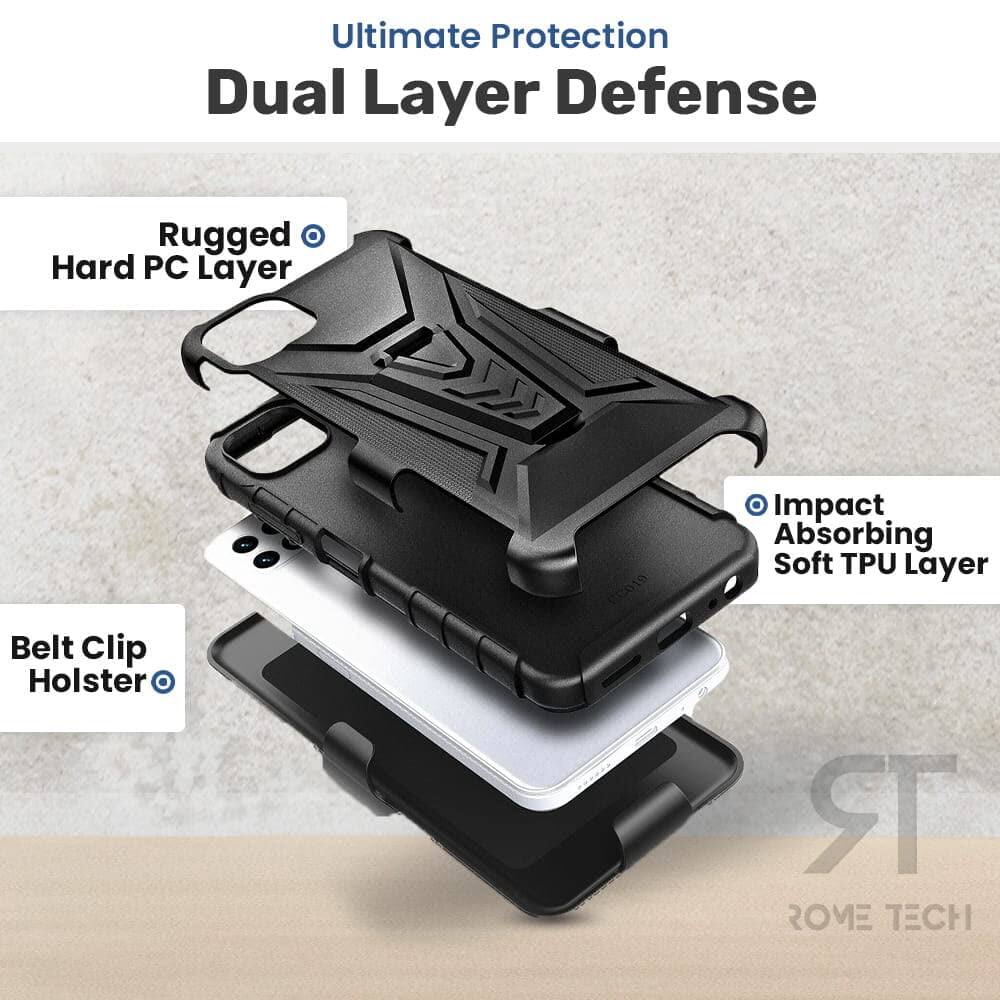 Ultimate Protection Dual Layer Defense  
Rugged Hard PC Layer  
Impact Absorbing Soft TPU Layer  
Belt Clip Holster  
ROME TECH