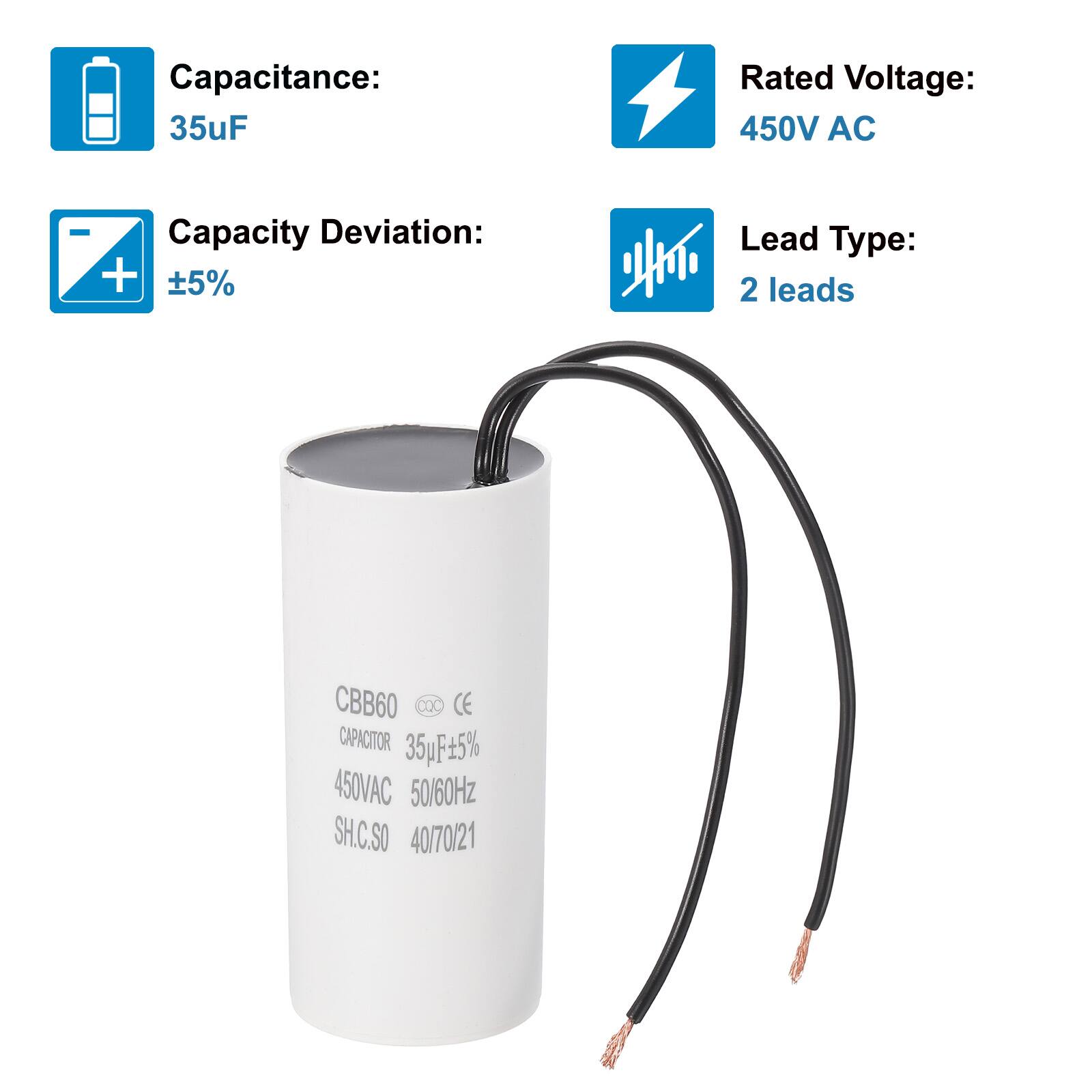 Capacitance: 35uF  
Rated Voltage: 450V AC  
Capacity Deviation: ±5%  
Lead Type: 2 leads  

CBB60  
CAPACITOR 35uF±5%  
450VAC 50/60Hz  
SH.C.SO 40/70/21  

CE