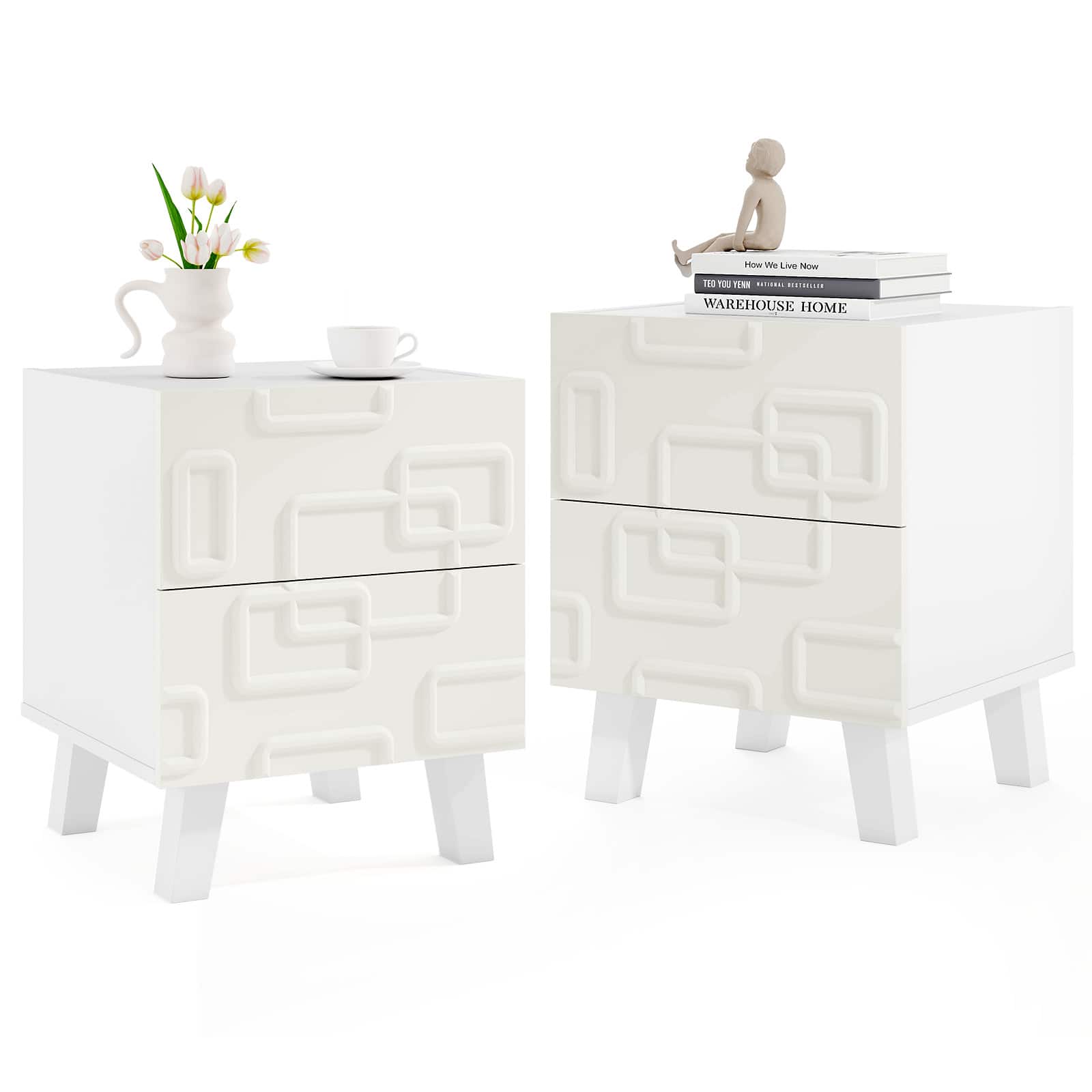 Gymax - 2PCS Mid Century Modern Bedside Table w/2 Storage Drawers 3D Geometric Patterns - White