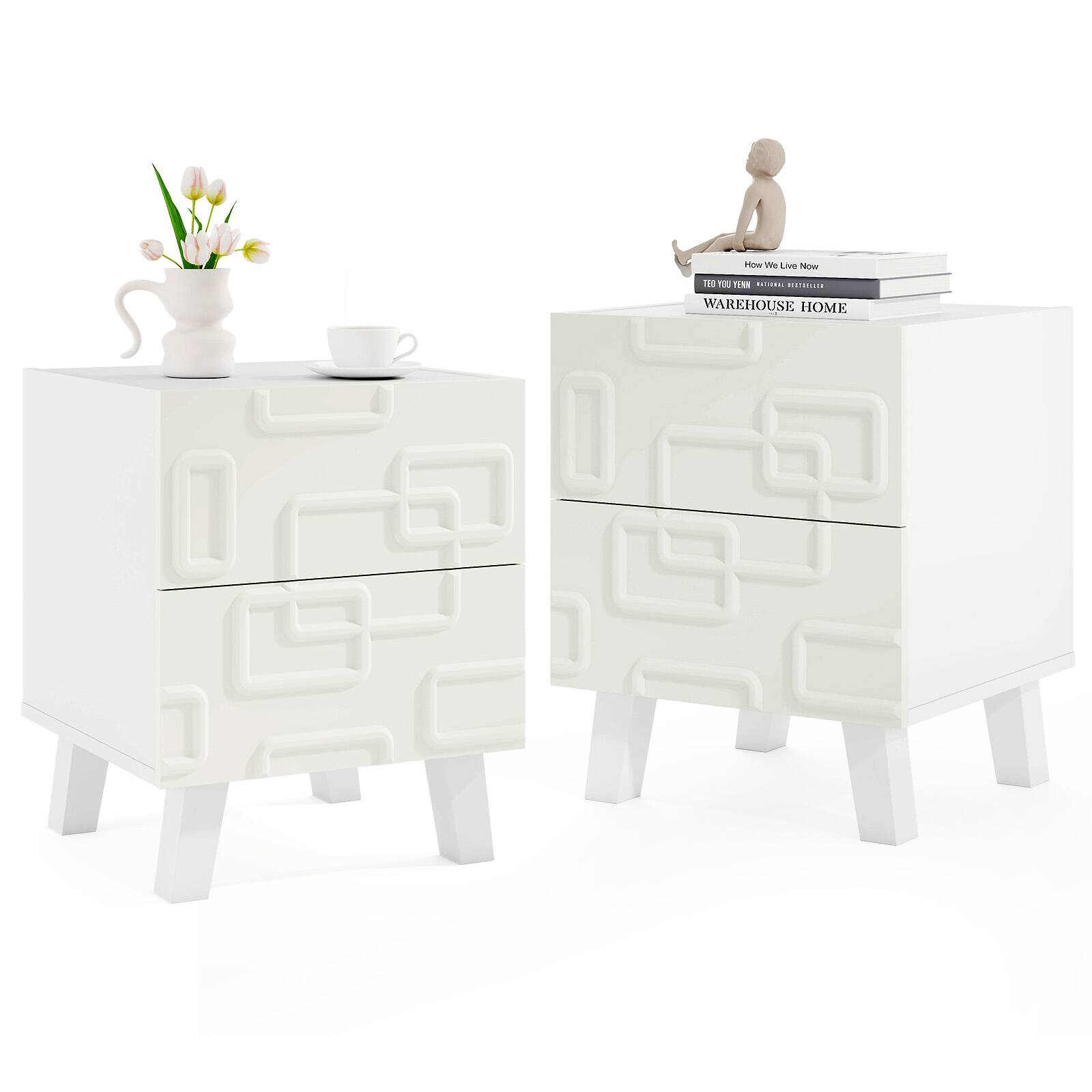 Gymax - 2PCS Mid Century Modern Bedside Table w/2 Storage Drawers 3D Geometric Patterns - White