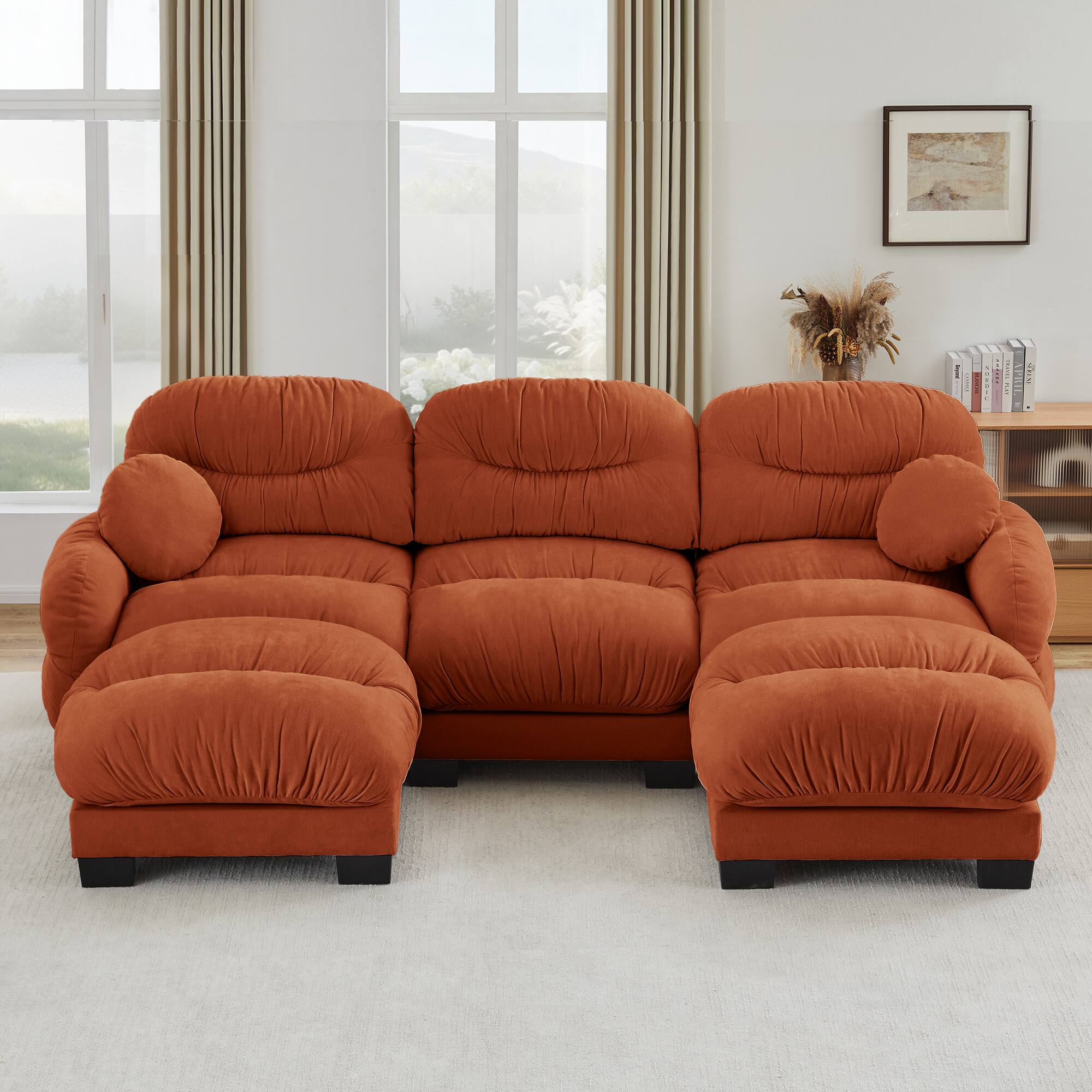Left. Anysun - 3-Seater U Shape Sectional Couch with 2 Ottomans, Chenille Fabric, High-Density Foam & Curved Armrests for Living Room - Orange.