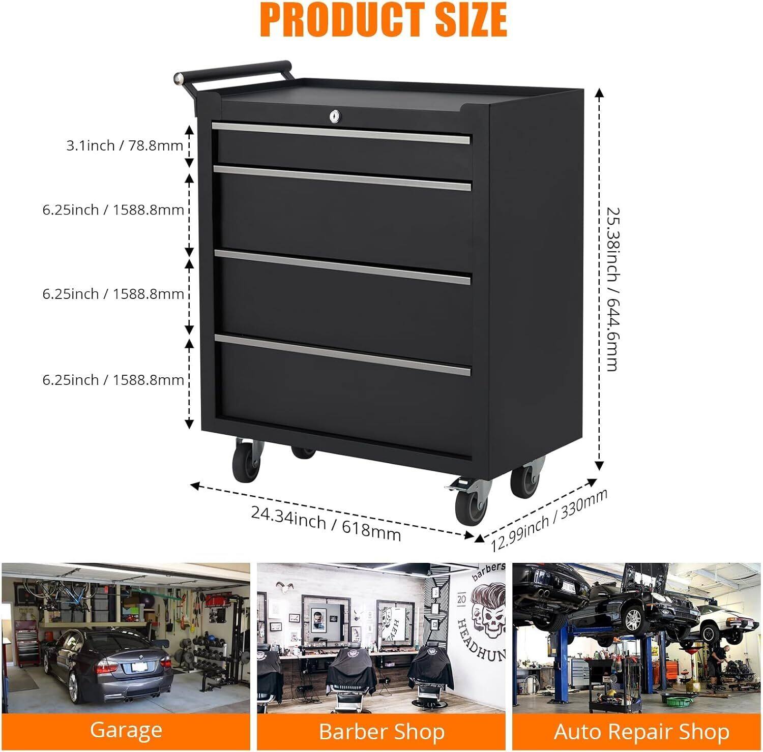 PRODUCT SIZE

- 3.1 inch / 78.8 mm
- 6.25 inch / 1588.8 mm
- 6.25 inch / 1588.8 mm
- 6.25 inch / 1588.8 mm
- 25.38 inch / 644.6 mm
- 24.34 inch / 618 mm
- 12.99 inch / 330 mm

Garage  
Barber Shop  
Auto Repair Shop