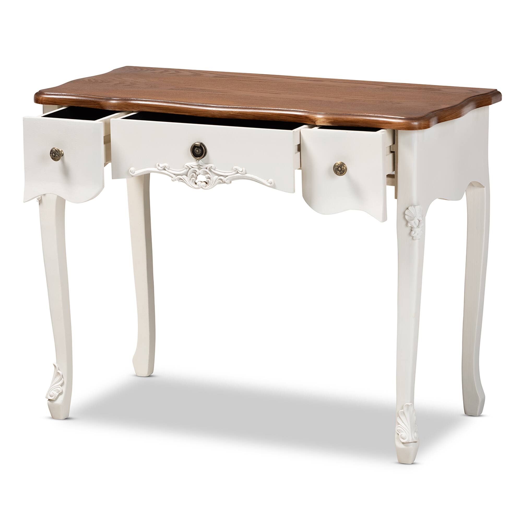 Angle. Baxton Studio - Sophie Classic Traditional French Country White and Finished Small 3-Drawer Wood Console Table - White/Brown.