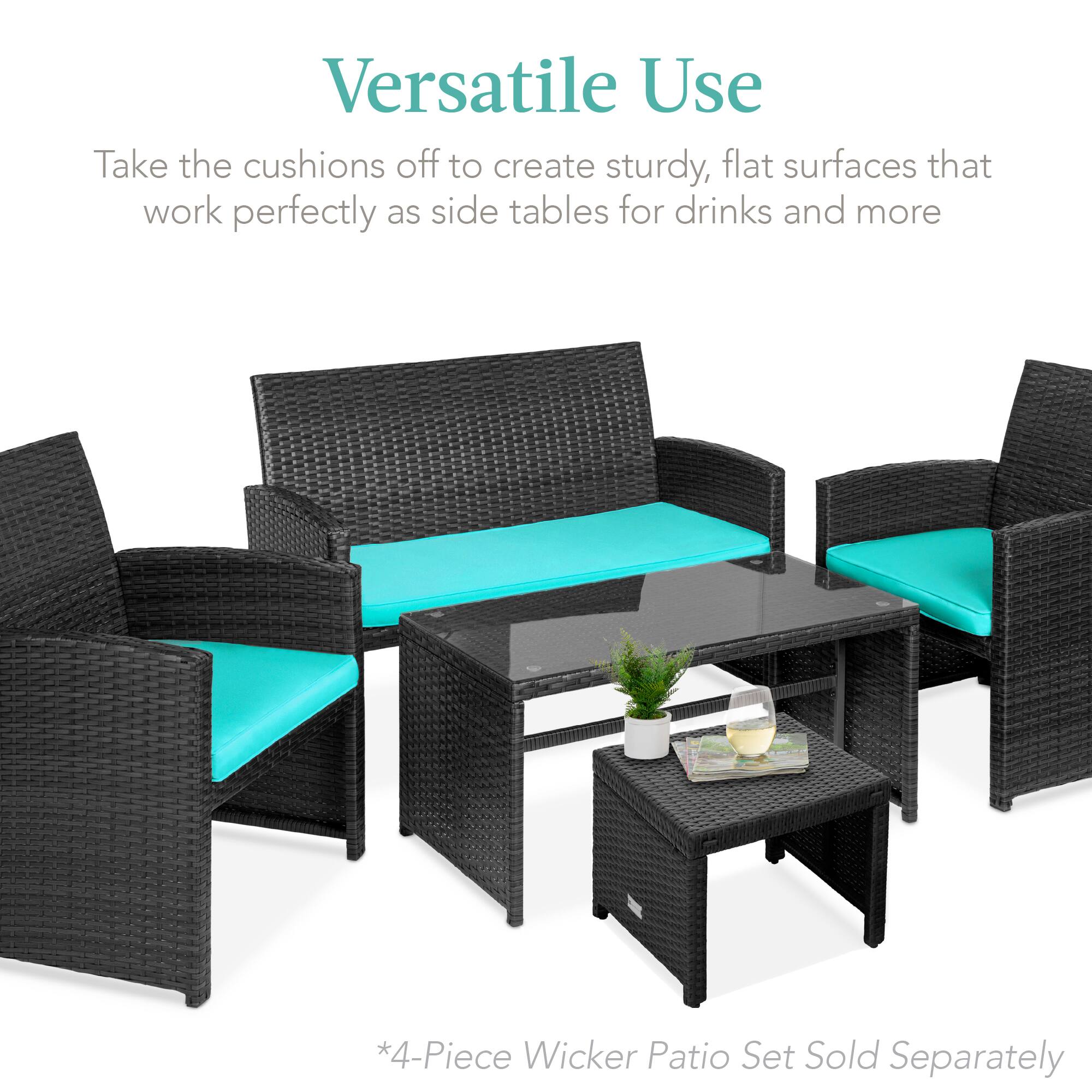 Versatile Use

Take the cushions off to create sturdy, flat surfaces that work perfectly as side tables for drinks and more

*4-Piece Wicker Patio Set Sold Separately