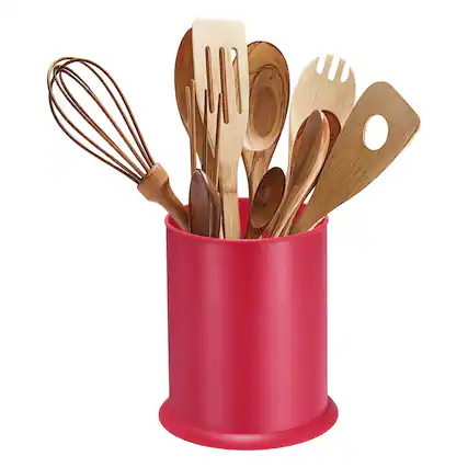Front. Unique Bargains - Kitchen Utensil Holder, 5.7"x6.5" Round Plastic with Drain Hole for Straw Spoon Chopstick - Pink.