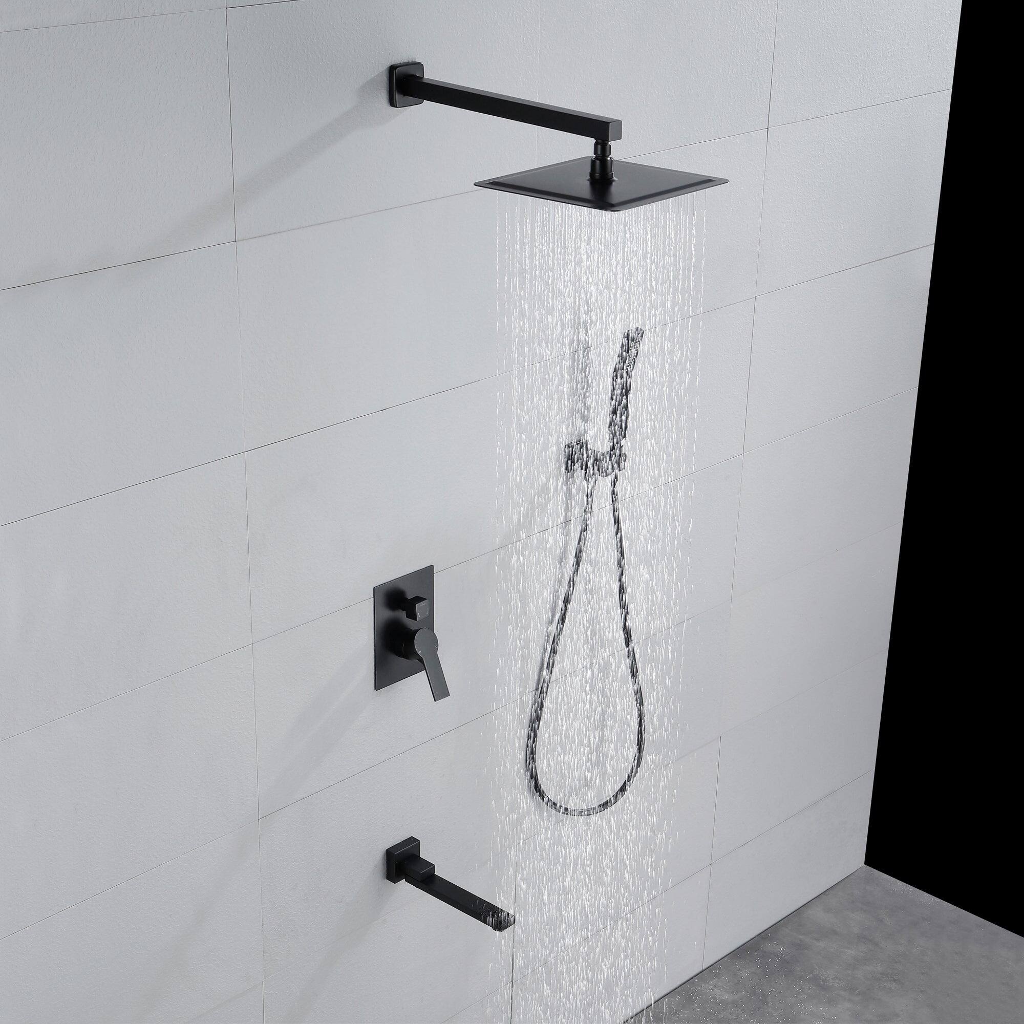 Angle. Boyel Living - Single Handle 1 Spray Tub and Shower Faucet with Dual Shower in Matte Black 12 Inch Valve Included - Matte Black.