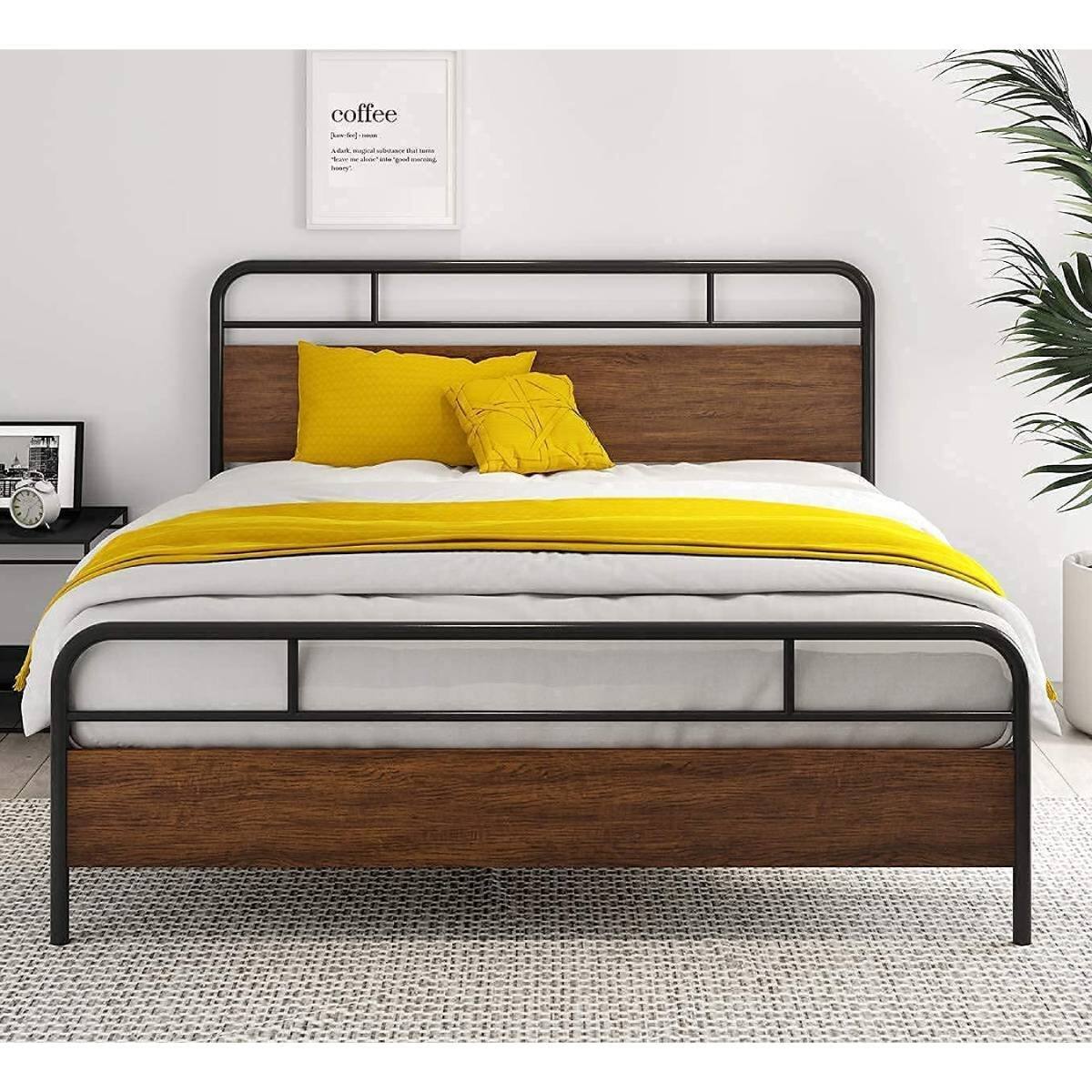 Angle. Hivvago - Hivvago Queen Size Industrial Metal Wood Platform Bed Frame with Headboard and Footboard - Black,Brown.