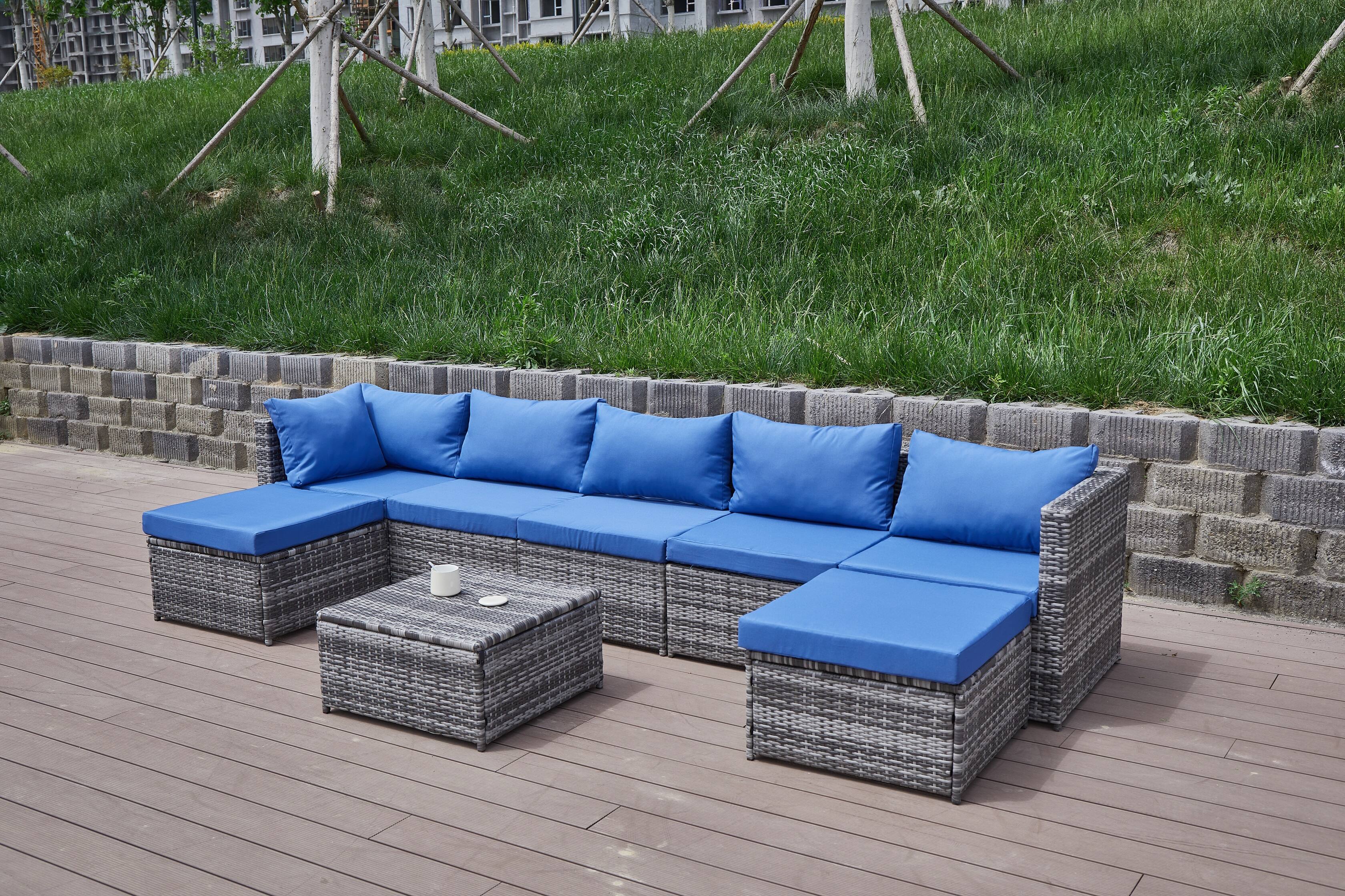 Alt View 2. Siljoy - Patio Sofa with Cushions - Blue+Grey.