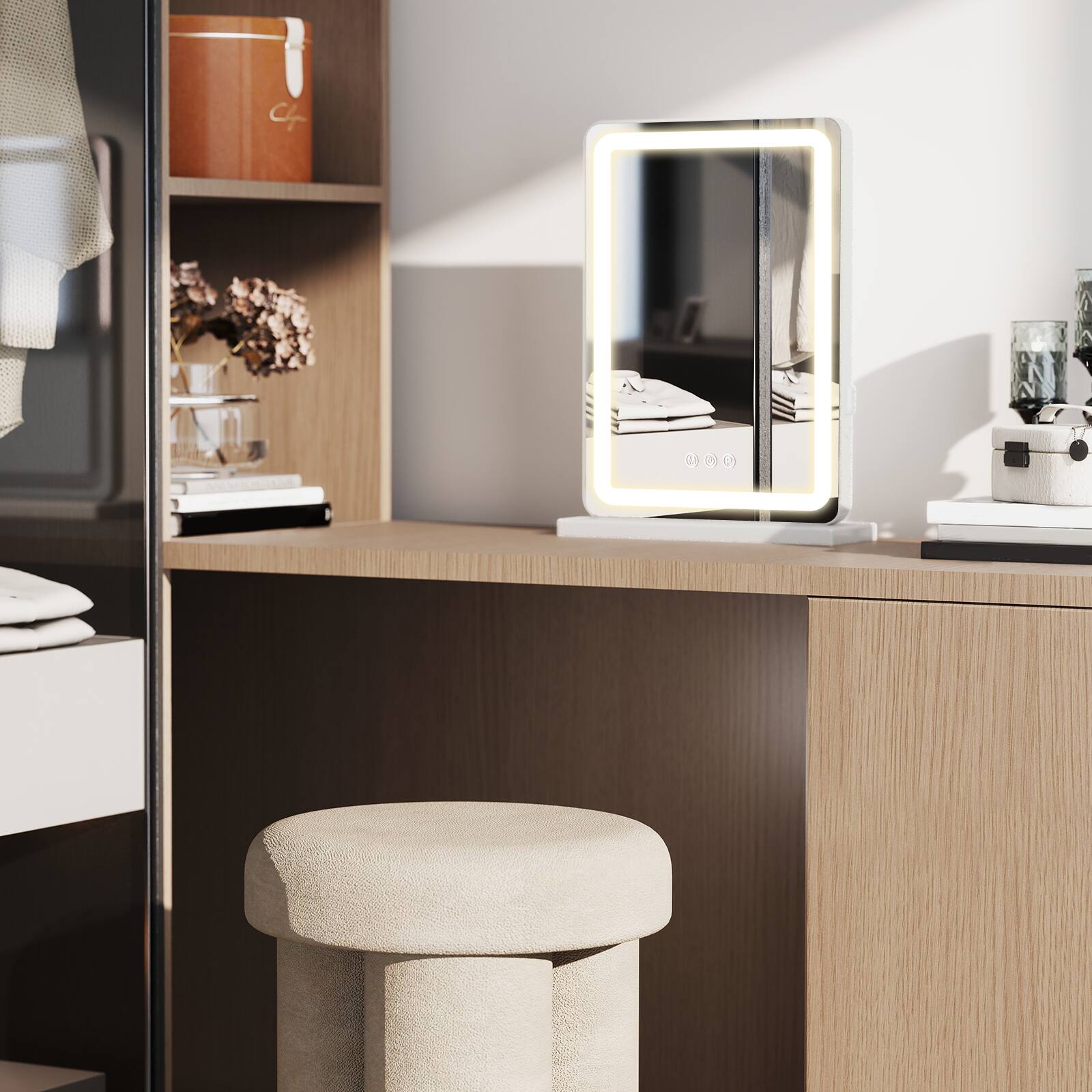 Left. AENKYO - 13"x17" Vanity Mirror LED Makeup Mirror with Dimmable 3 Color Modes, Touch Screen Control - White.