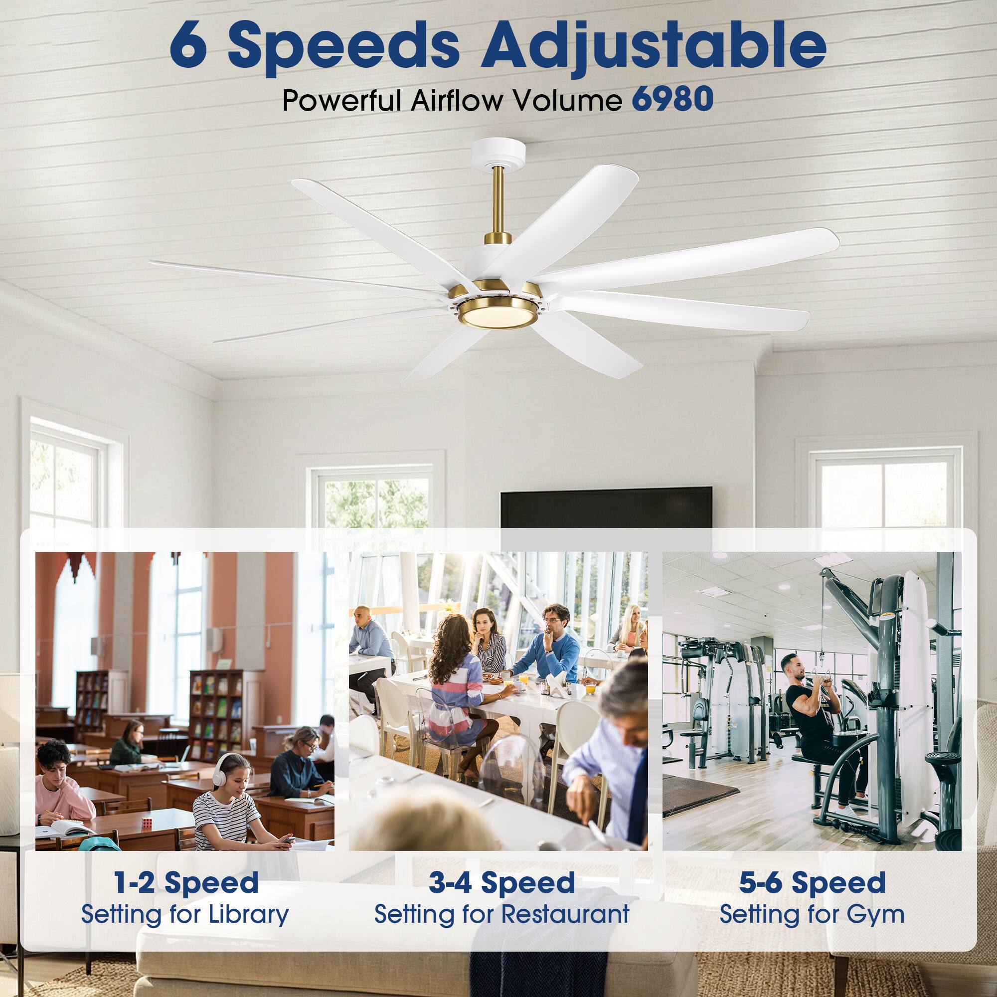 6 Speeds Adjustable  
Powerful Airflow Volume 6980  
1-2 Speed Setting for Library  
3-4 Speed Setting for Restaurant  
5-6 Speed Setting for Gym