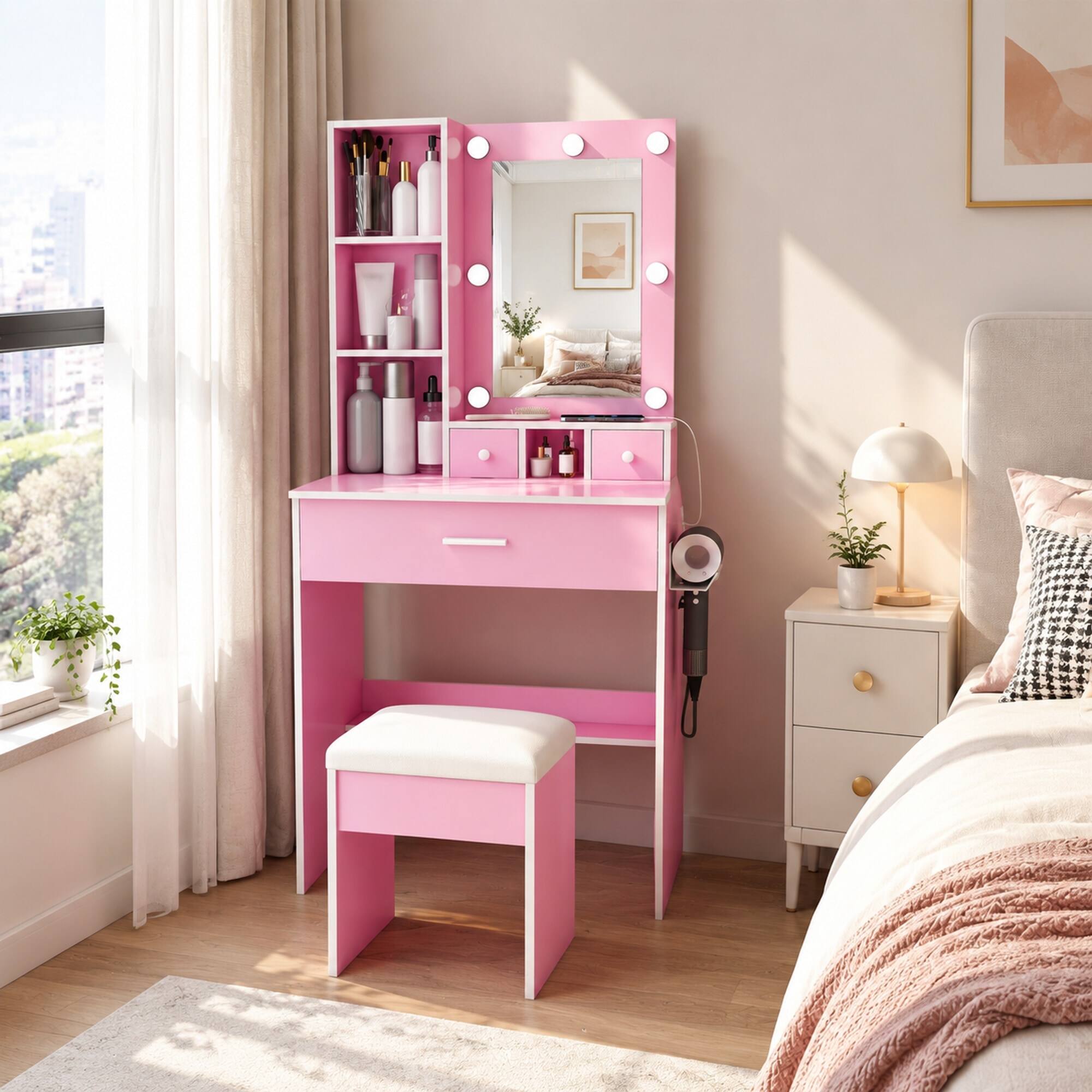 Back. RYHNUYNE - Pink Vanity Table with Lighted Mirror, Adjustable LED Lights, Power Outlet, Hairdryer Holder, Stool, Compact Dressing - Pink.