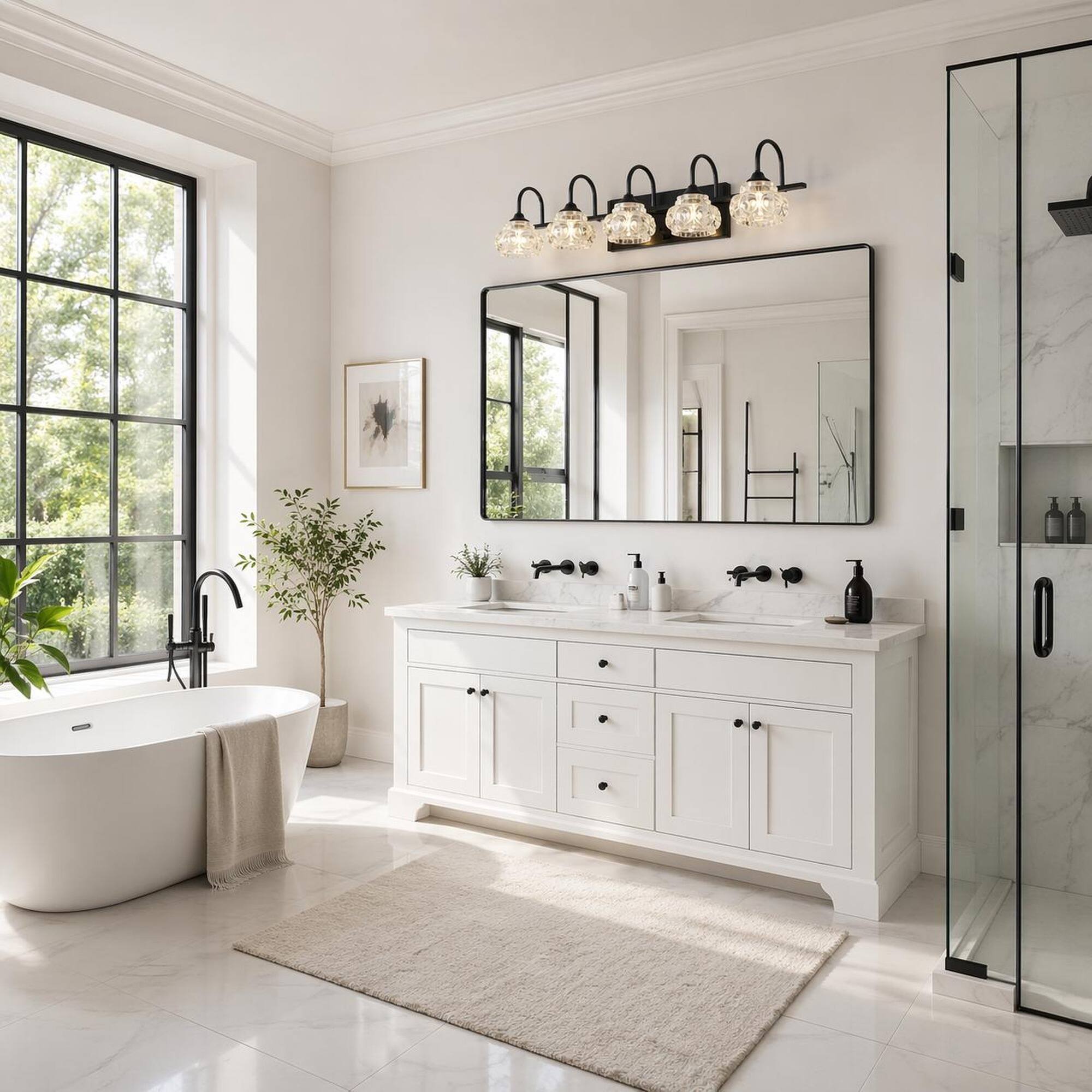 Angle. RYHNUYNE - 29-Inch 5-Light Black Vanity Light with Crystal Shades for Bathroom, Powder Room, and Dressing Area – Wall-Mounted.