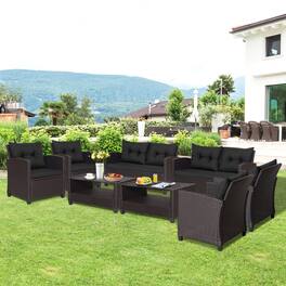 Gymax - 8PCS Outdoor Conversation Set Patio PE Rattan Set w/ Glass Table & Sofa Cushions - Black