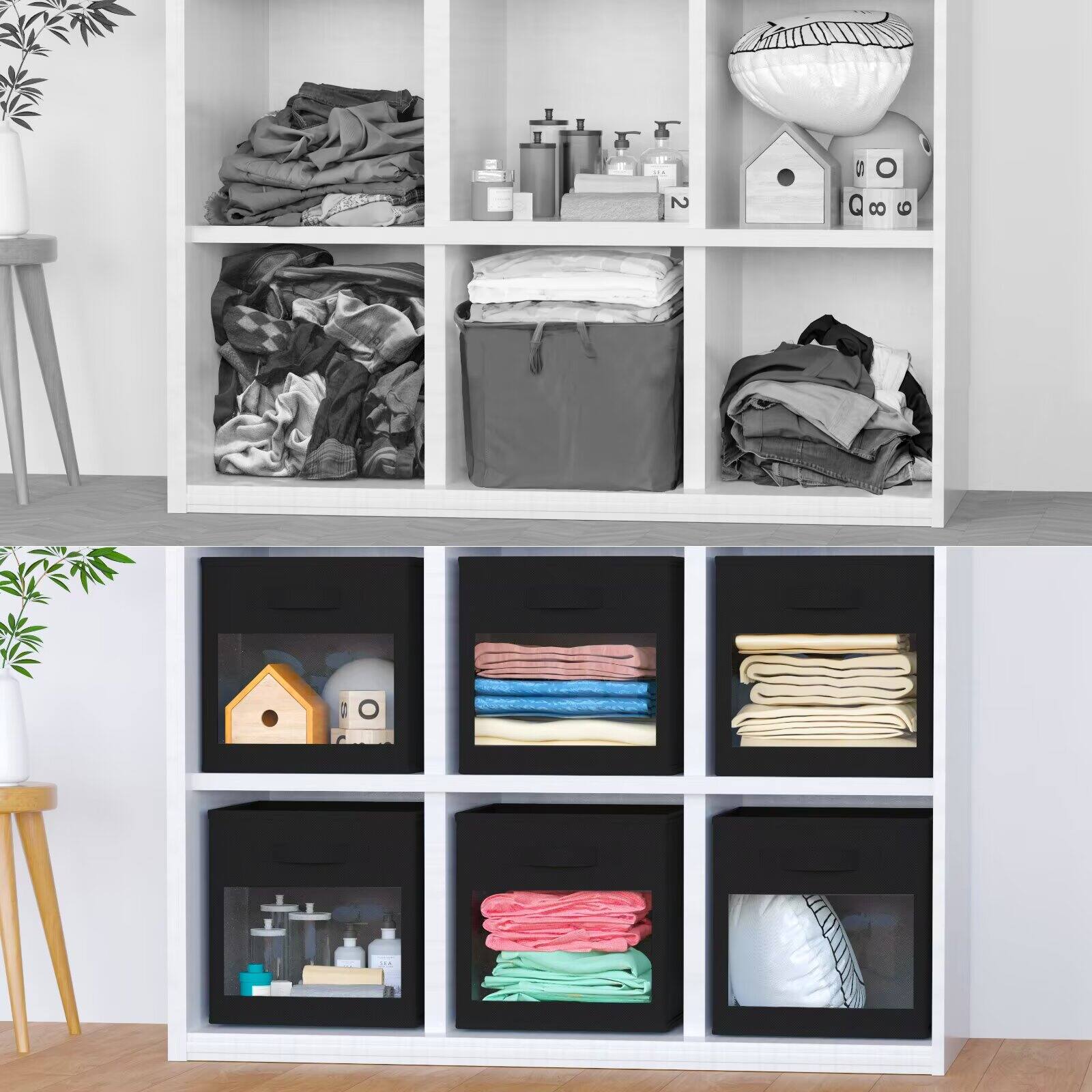 Angle. Tooloton - 6-Pack Clear Window Fabric Storage Cubes, 11 Inch Foldable Organizer Bins for Home, Black - Black.
