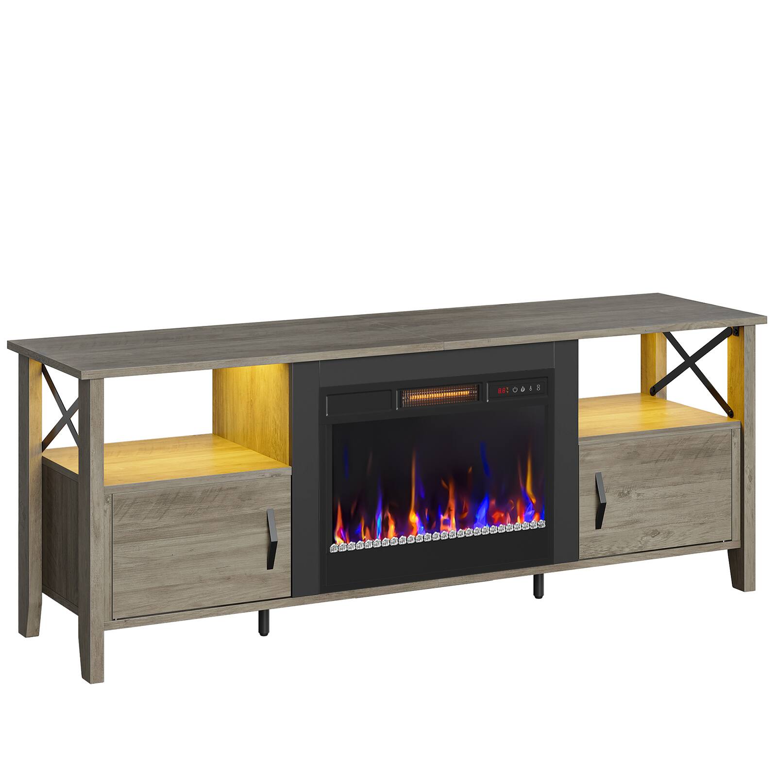Angle. Bestier - 63-inch Fireplace TV Stand with RGB Lights & Adjustable Storage Shelves - Washed Grey.