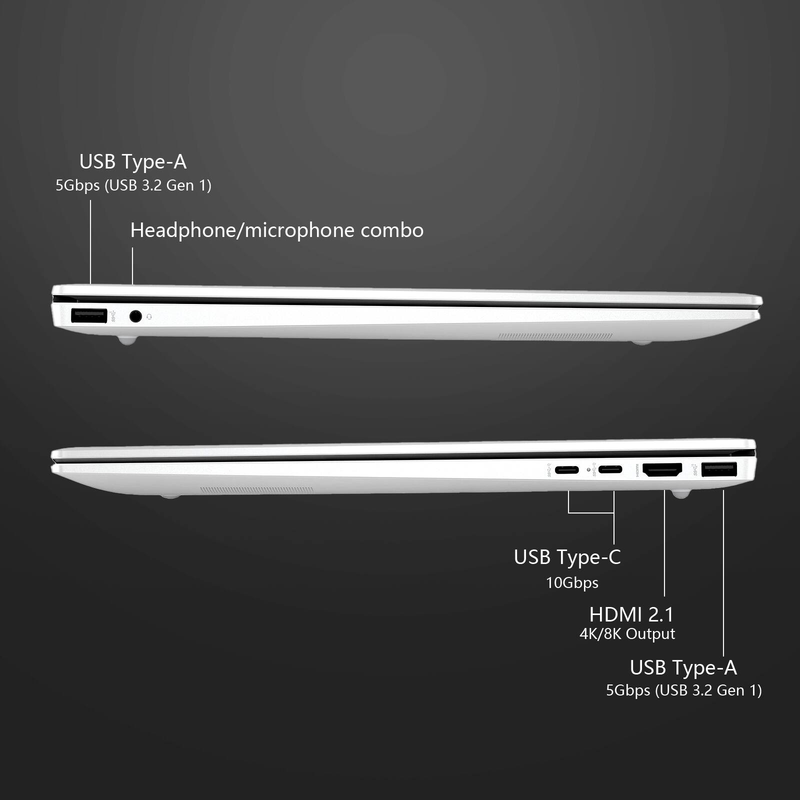USB Type-A 5Gbps (USB 3.2 Gen 1)  
Headphone/microphone combo  
USB Type-C 10Gbps  
HDMI 2.1 4K/8K Output  
USB Type-A 5Gbps (USB 3.2 Gen 1)