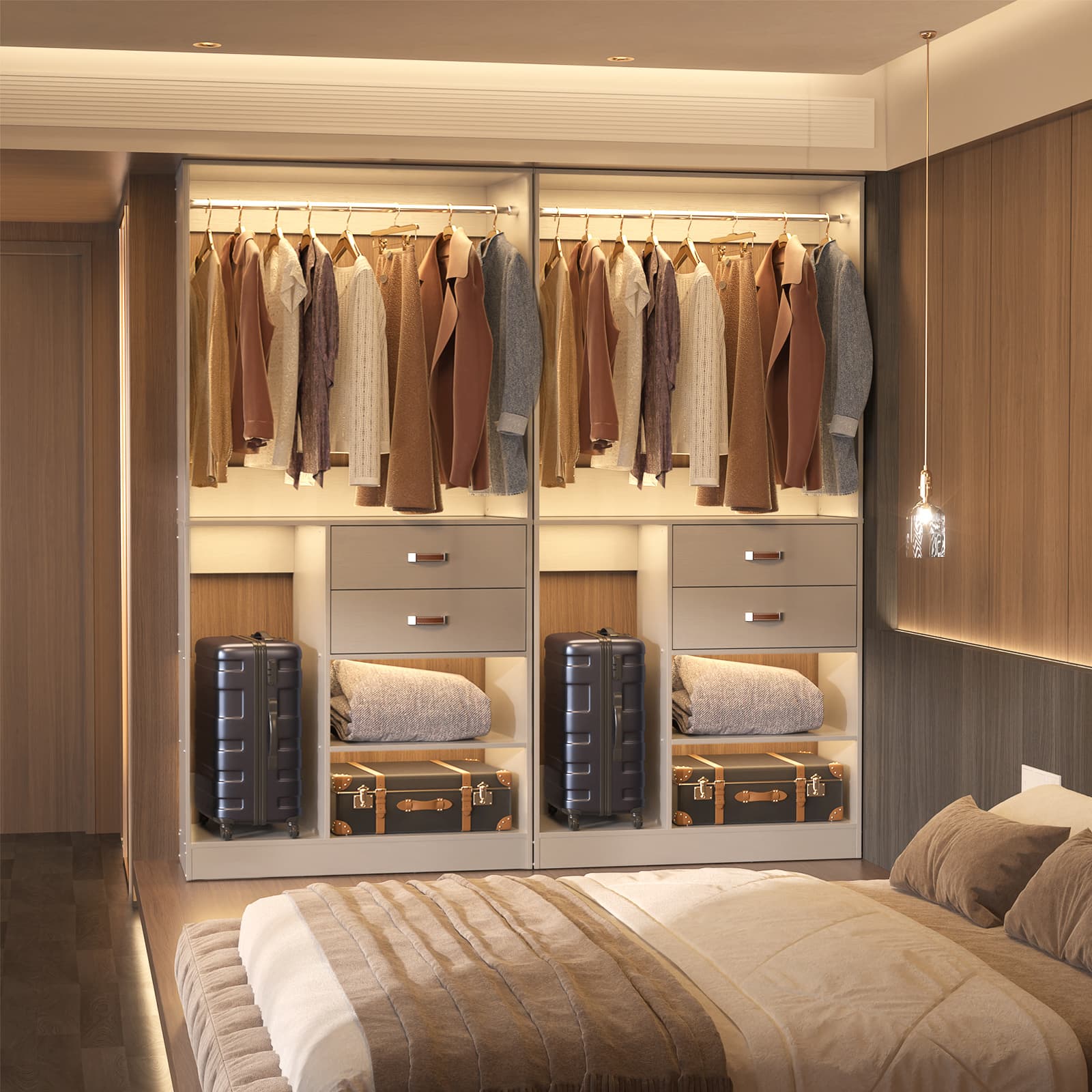Front. Aheaplus - 80'' Wide Closet Organizer, 4 Drawers, 2 Hanging Rods and Shelves, 2 Piece Set - Gray.