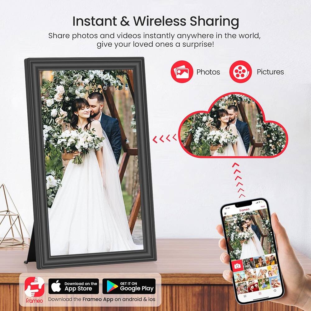 Instant & Wireless Sharing  
Share photos and videos instantly anywhere in the world, give your loved ones a surprise!  

Photos  
Pictures  

Download on the App Store  
GET IT ON Google Play  

Download the Frameo App on android & ios