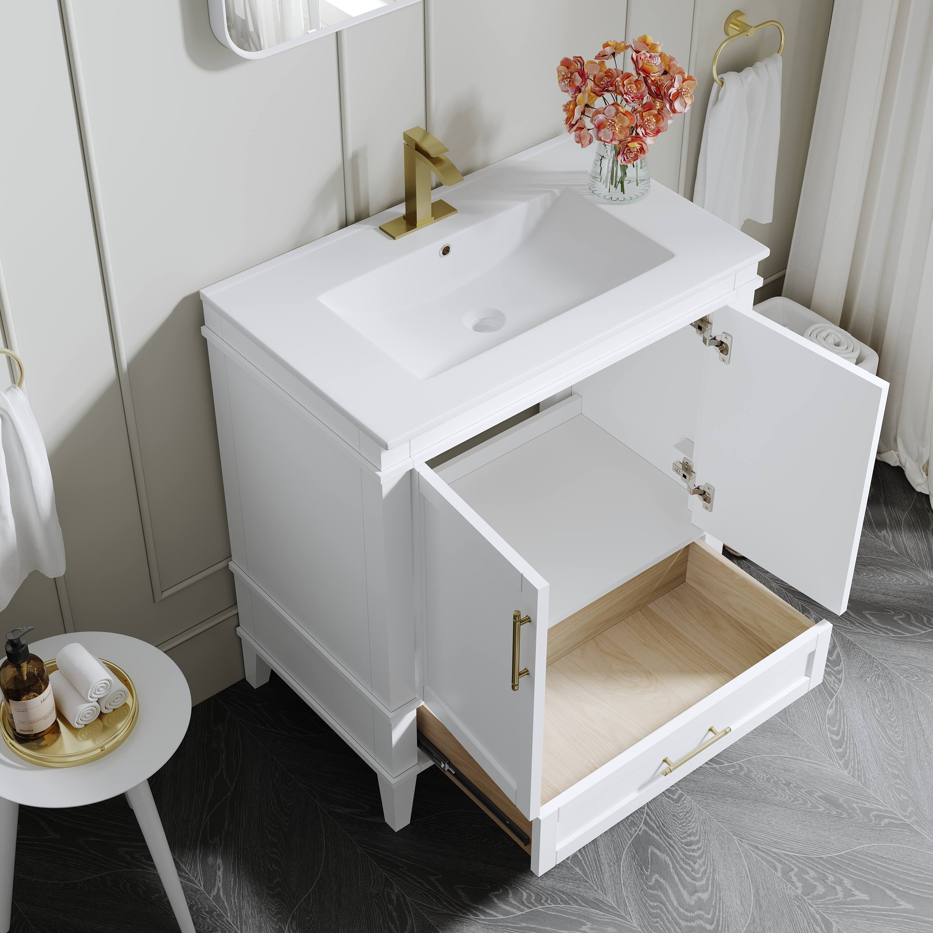 Back. WELLFOR - FENE 30 in. Solid Wood Bath Vanity with Countertop Basin, Single Sink - White.