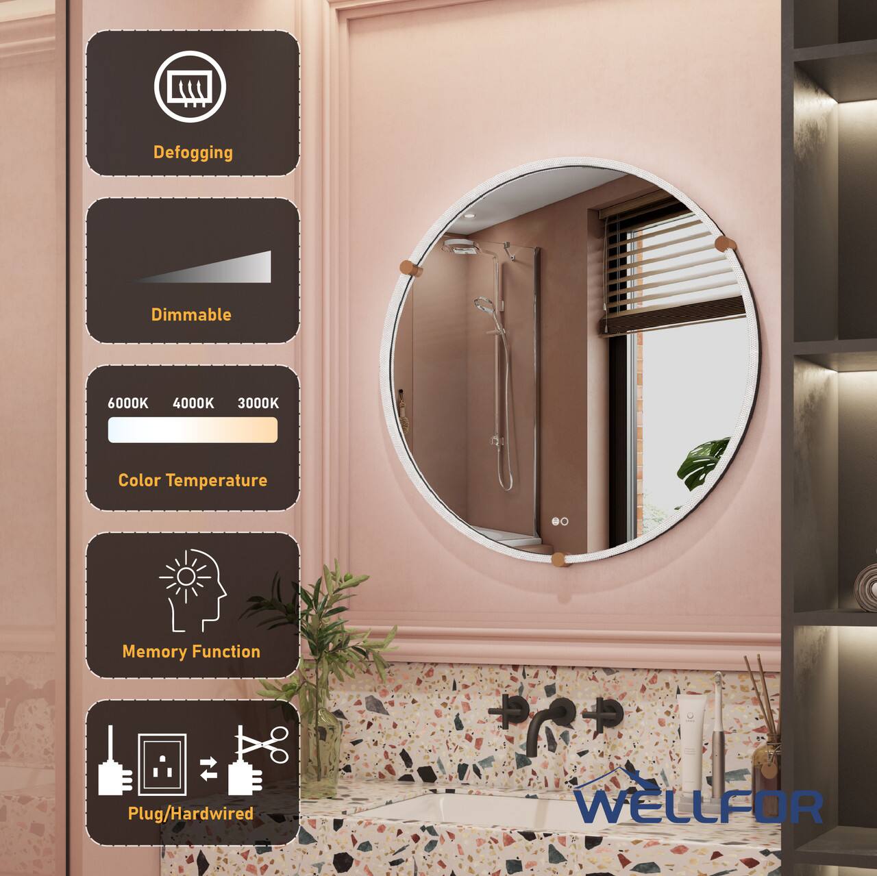 Defogging Dimmable 6000K 4000K 3000K Color Temperature Memory Function Plug/Hardwired WELLFOR