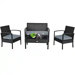 Costway - 4PCS Patio Rattan Furniture Set Garden Deck - Black