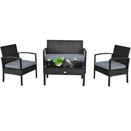 Front. Costway - Costway 4PCS Patio Rattan Furniture Set Garden Deck - Black.