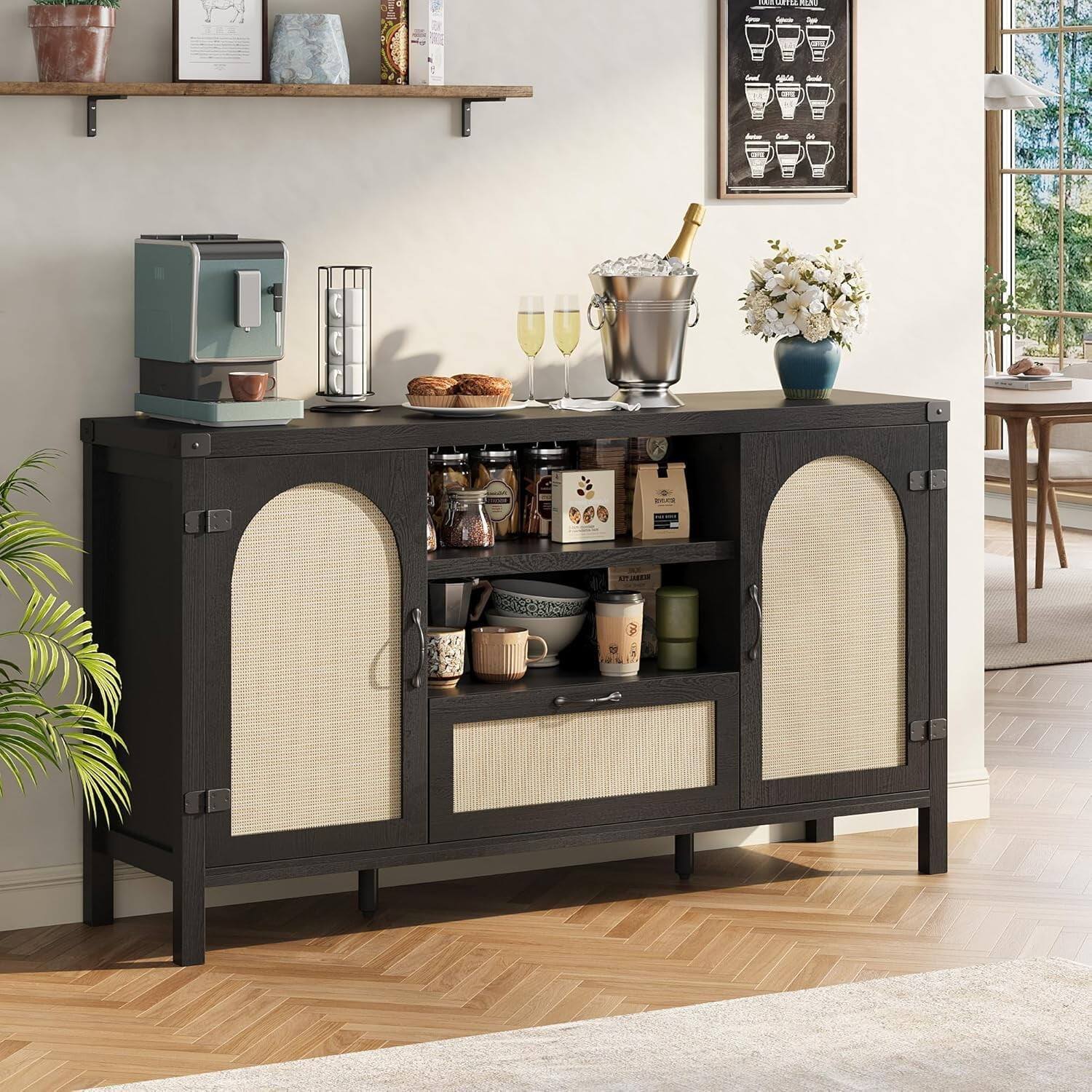 Front. GARVEE - 59-Inch Rattan Sideboard Buffet Cabinet with Storage, Boho Wooden Coffee Bar, Black Modern Console Cabinet - Black.