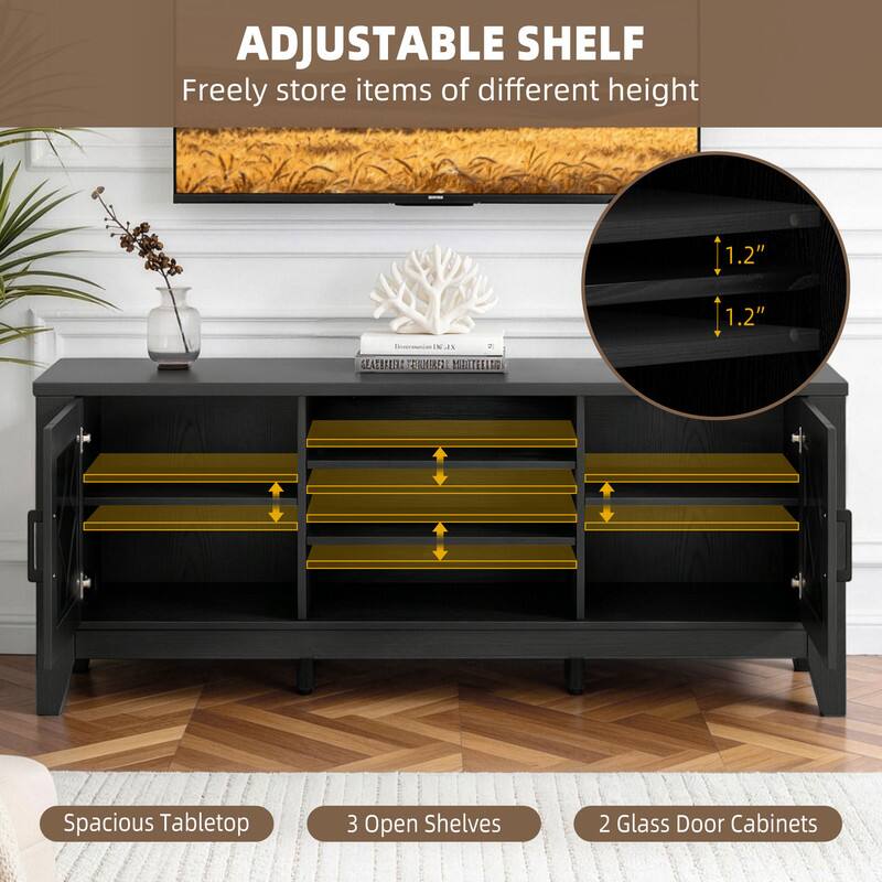 ADJUSTABLE SHELF  
Freely store items of different height

1.2"  
1.2"  
IN X  
2

Spacious Tabletop  
3 Open Shelves  
2 Glass Door Cabinets