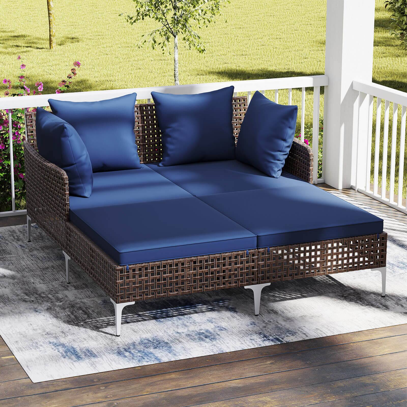 Alt View 1. Costway - Costway Outdoor Patio Daybed PE Rattan Sunbed with Sponged-Filled Pillows and Cushions - Navy.