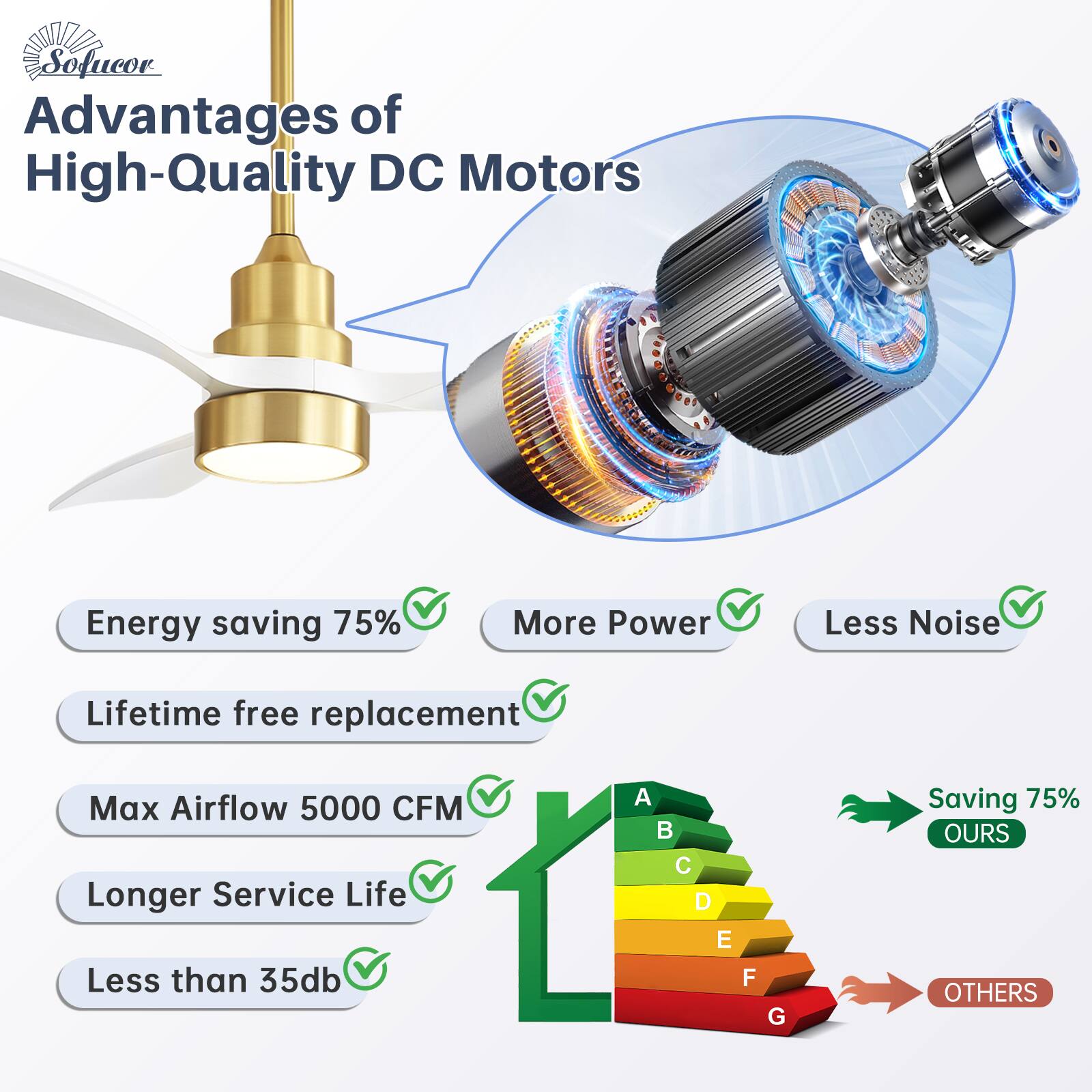 Advantages of High-Quality DC Motors

- Energy saving 75%
- More Power
- Less Noise
- Lifetime free replacement
- Max Airflow 5000 CFM
- Longer Service Life
- Less than 35db

Saving 75% OURS OTHERS

A B C D E F G