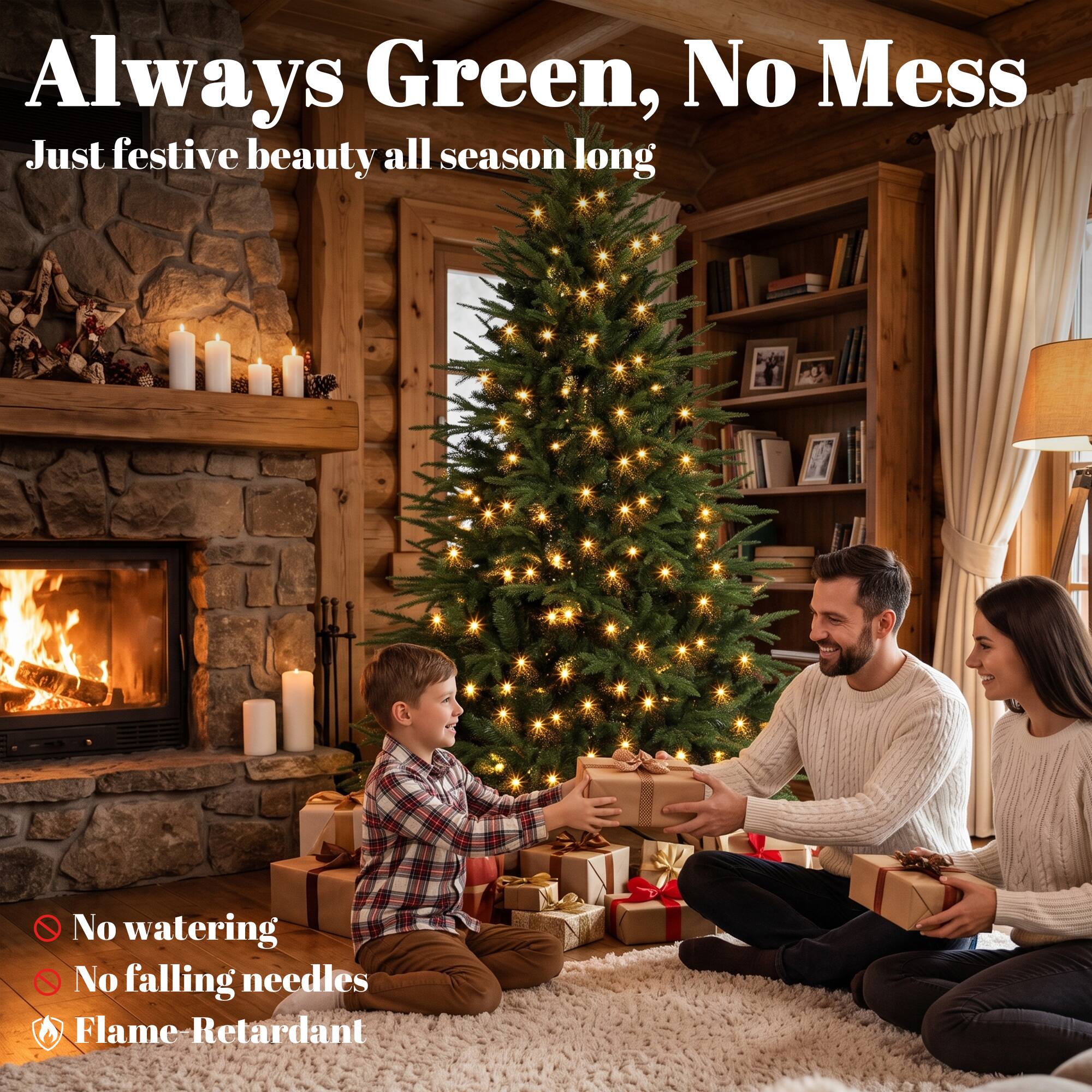 Always Green, No Mess  
Just festive beauty all season long  

No watering  
No falling needles  
Flame-Retardant