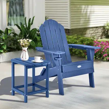 Front. Gymax - Gymax 2 PCS Patio Folding Adirondack Chair Side Table Cup Holder HDPE Navy - Navy.