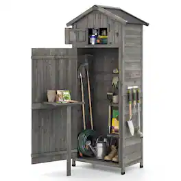 WELLFOR - 70 Inch Tall Garden Tool Storage Cabinet with Lockable Doors and Foldable Table - Gray