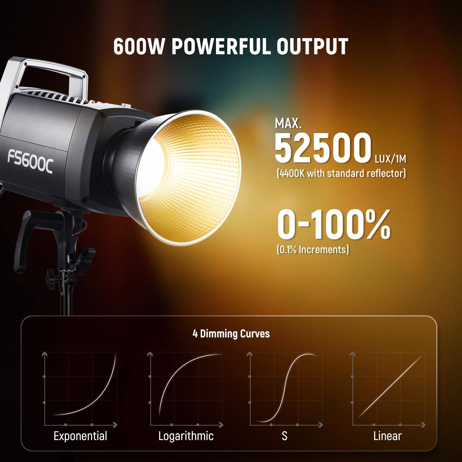 600W POWERFUL OUTPUT  
F5600C  
MAX. 52500 LUX/1M (4400K with standard reflector)  
0-100% (0.1% Increments)  
4 Dimming Curves  
Exponential  
Logarithmic  
S  
Linear