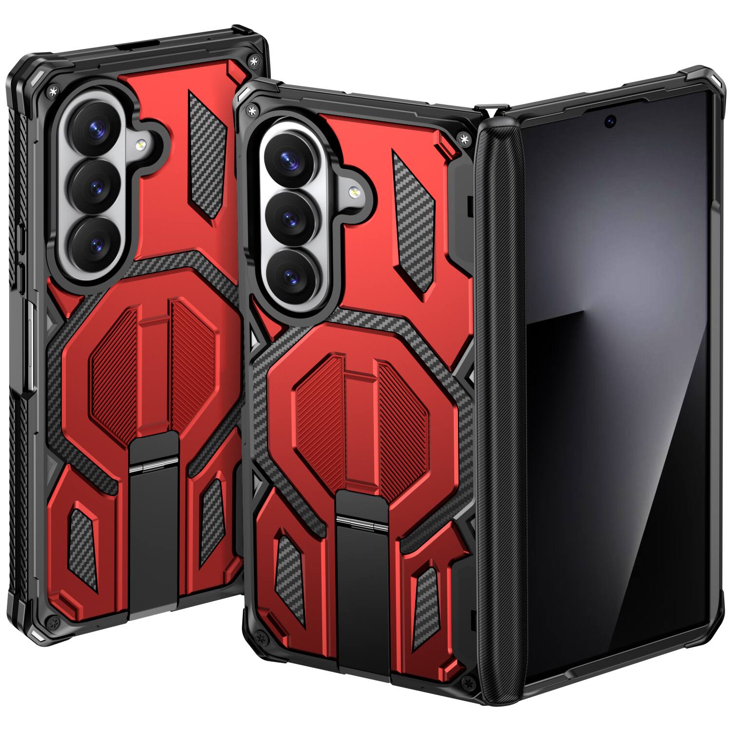 Back. Dteck - Heavy Duty Rugged Magnetic Case For Samsung Galaxy Z Fold8 Ultra, Foldable Kickstand Shockproof Hinge Protection Cover - Red.