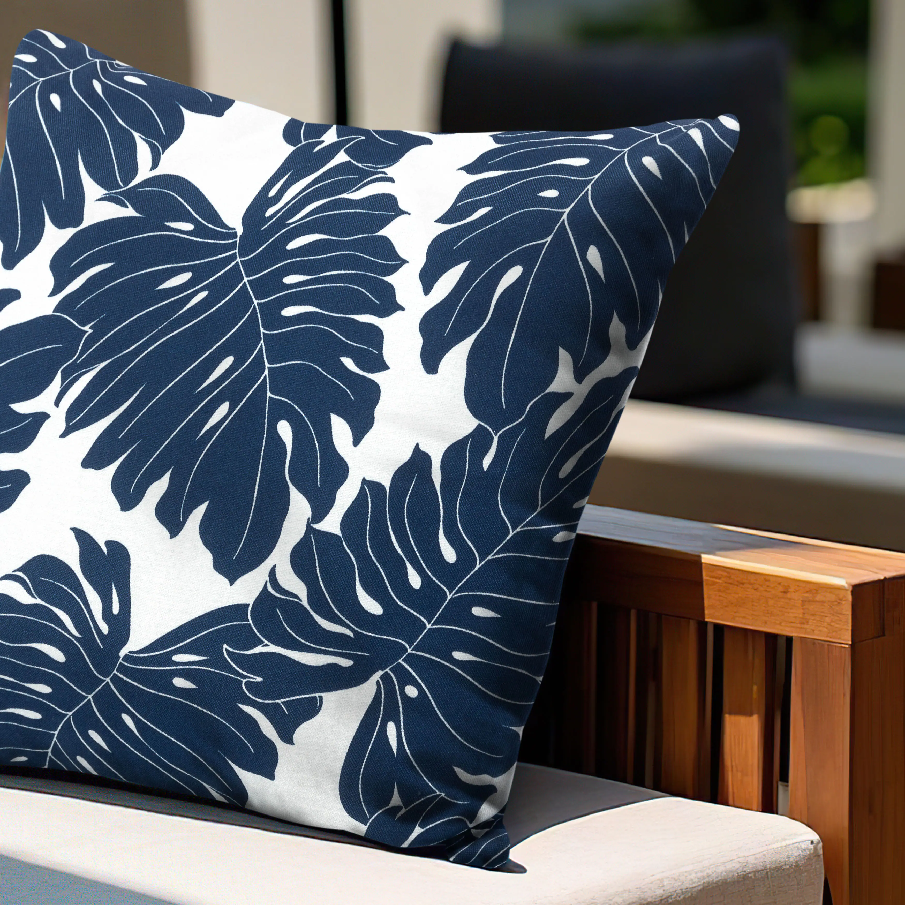 Back. Nuu Garden - Outdoor Patio Water-Resistant Throw Pillows Set of 2 - Palm Leaf Pattern.