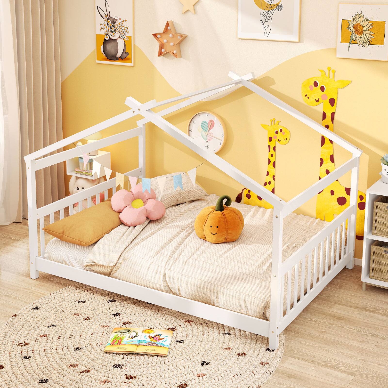 Alt View 1. Costway - Costway Full Size House Bed with Roof Wooden Low Floor Bed No Box Spring Needed - White.