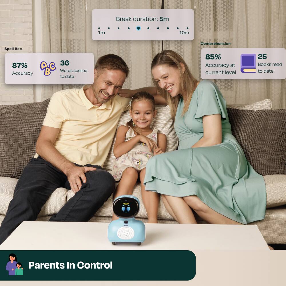 Break duration: 5m 1m 10m  
Spell Bee  
87% Accuracy  
36 Words spelled to date  
Comprehension  
85% Accuracy at current level  
25 Books read to date  
Parents In Control