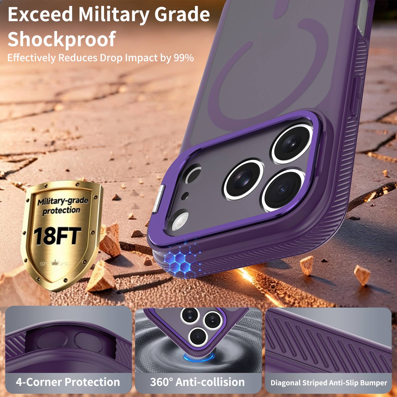 Exceed Military Grade Shockproof  
Effectively Reduces Drop Impact by 99%  

Military-grade protection 18FT  

4-Corner Protection  
360° Anti-collision  
Diagonal Striped Anti-Slip Bumper