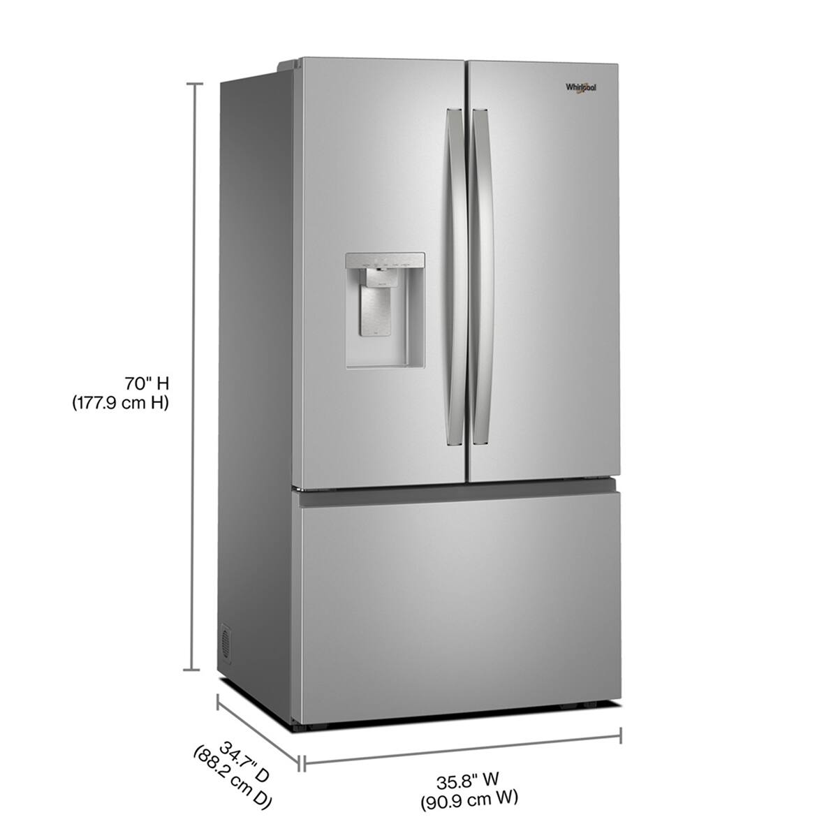 Left. Whirlpool - 30 Cu. Ft. French Door Refrigerator with In-Door Water and Ice Maker - Fingerprint-Resistant Stainless Finish.