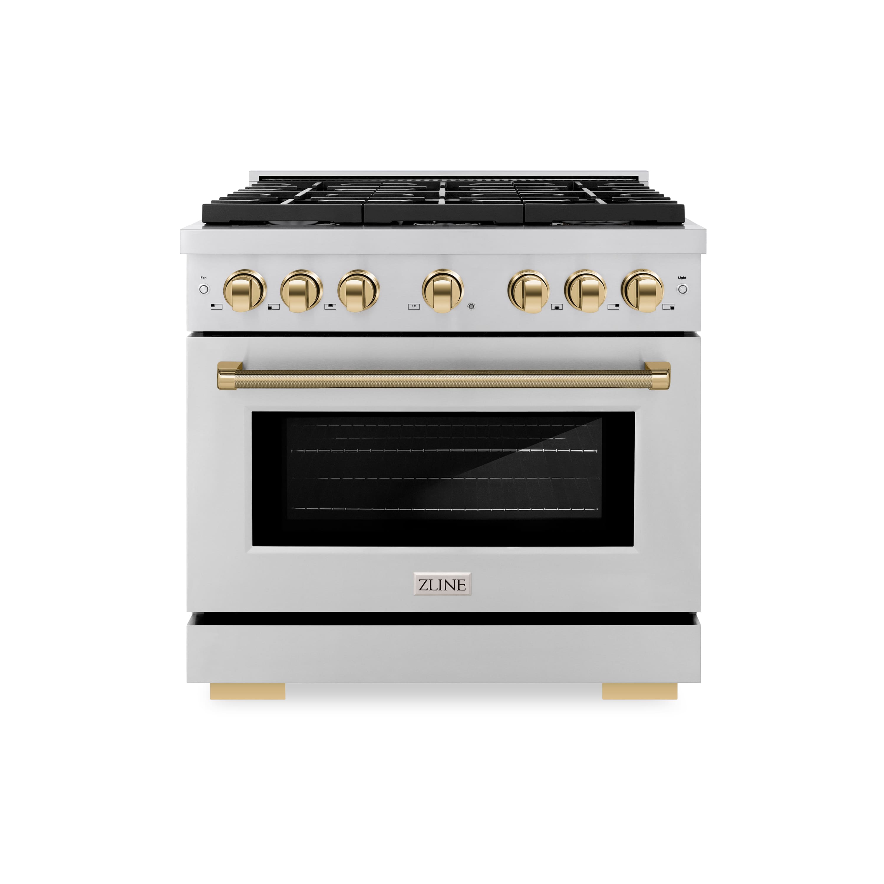 ZLINE Autograph 36 in. 5.2 cu. ft. Freestanding Paramount Dual Fuel Range in Stainless Steel with Gold Helix Handle Front