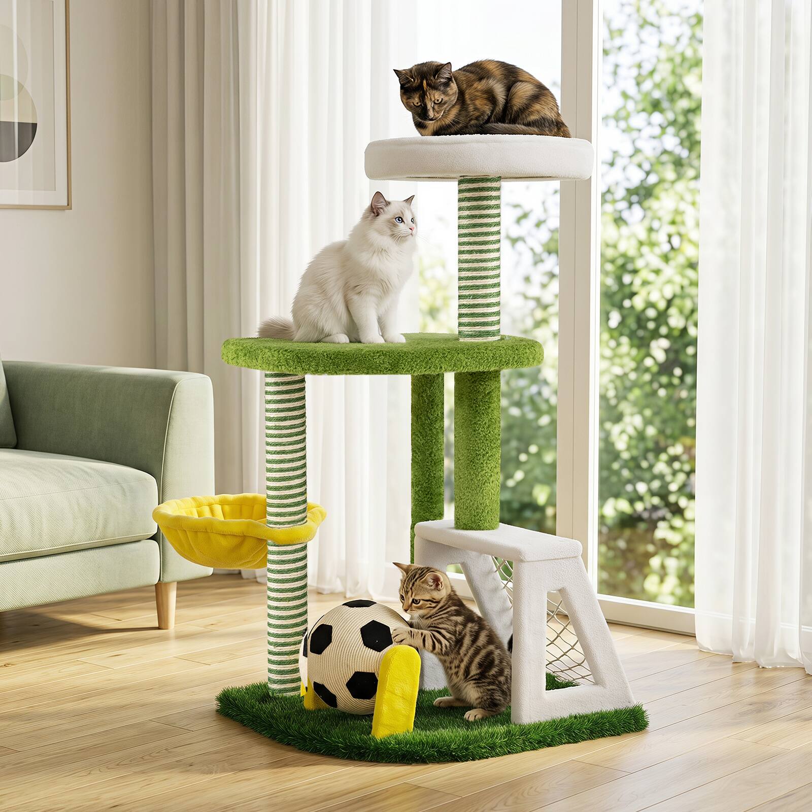 Alt View 3. Gymax - Gymax Modern Cat Tree Cat Tower w/Perches Hammock Sisal Scratching Post Soccer Ball Green & Yellow & White - Green.