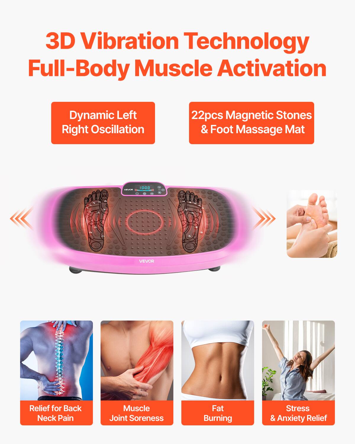 3D Vibration Technology  
Full-Body Muscle Activation  

Dynamic Left Right Oscillation  

22pcs Magnetic Stones & Foot Massage Mat  

Relief for Back Neck Pain  
Muscle Joint Soreness  
Fat Burning  
Stress & Anxiety Relief