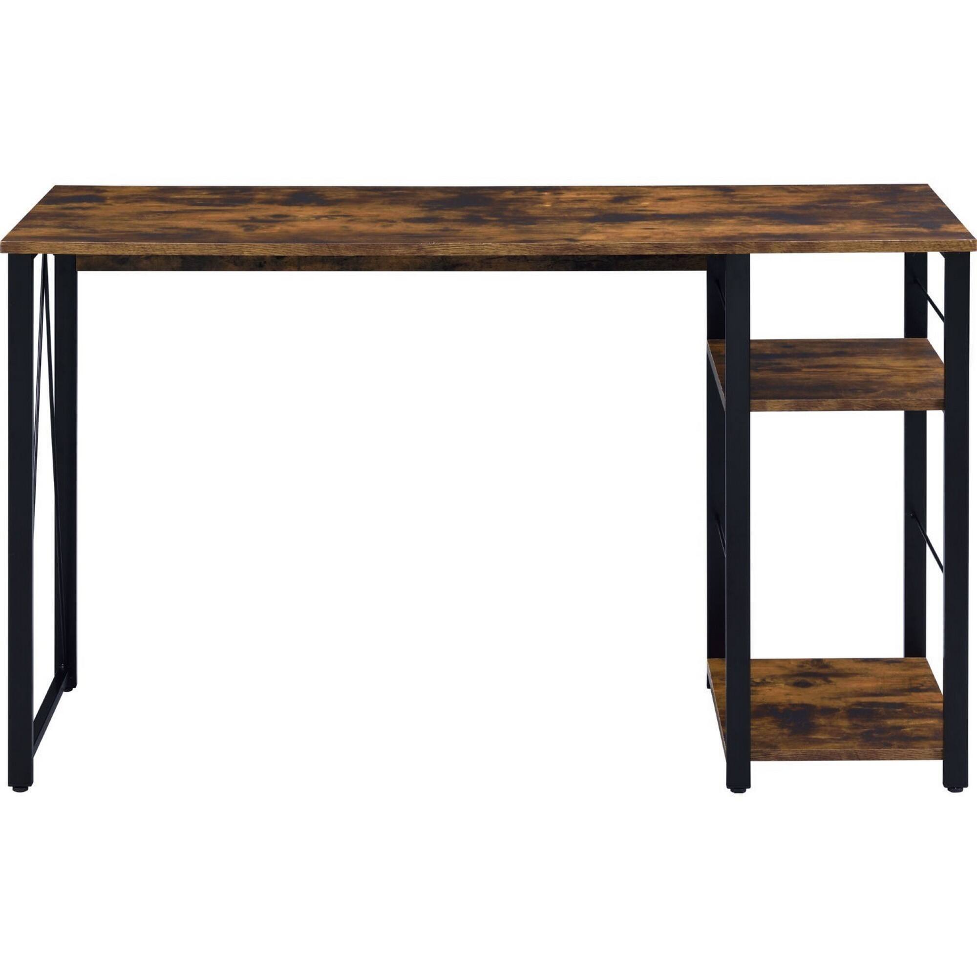 Angle. Manhattan Lane - Writing Desk with 2 Tier Shelves and Tubular Metal Legs, Brown and Black - Brown and Black.