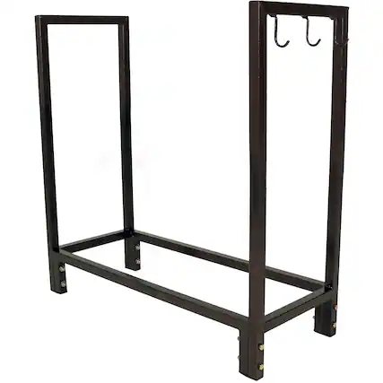 Front. Sunnydaze - 30 in Steel Firewood Log Rack with Fireplace Tool Hooks - Bronze.