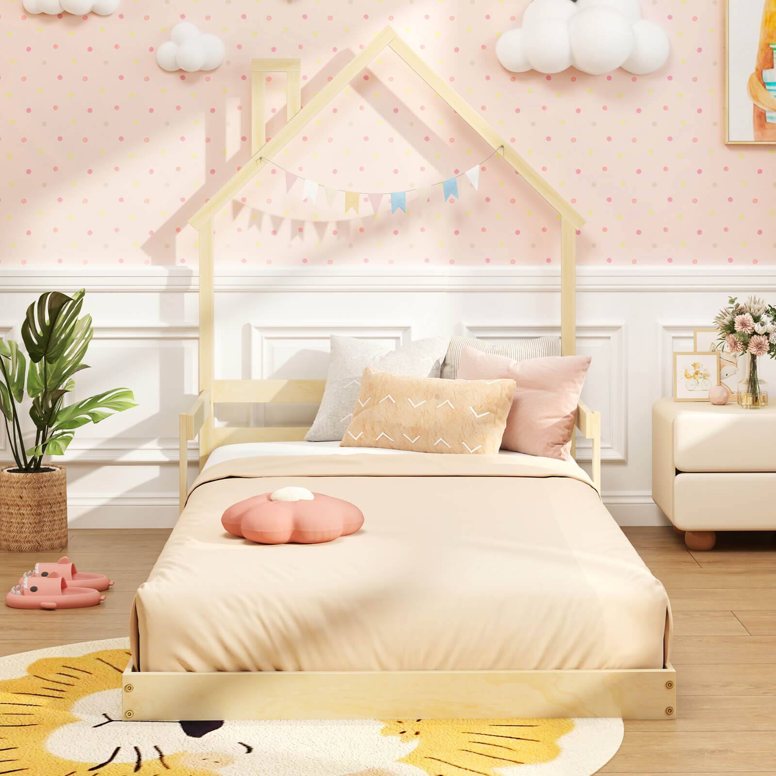 Back. Costway - Costway Twin Size Floor Bed for Kids with Chimney Headboard & Handrail Natural - Natural.