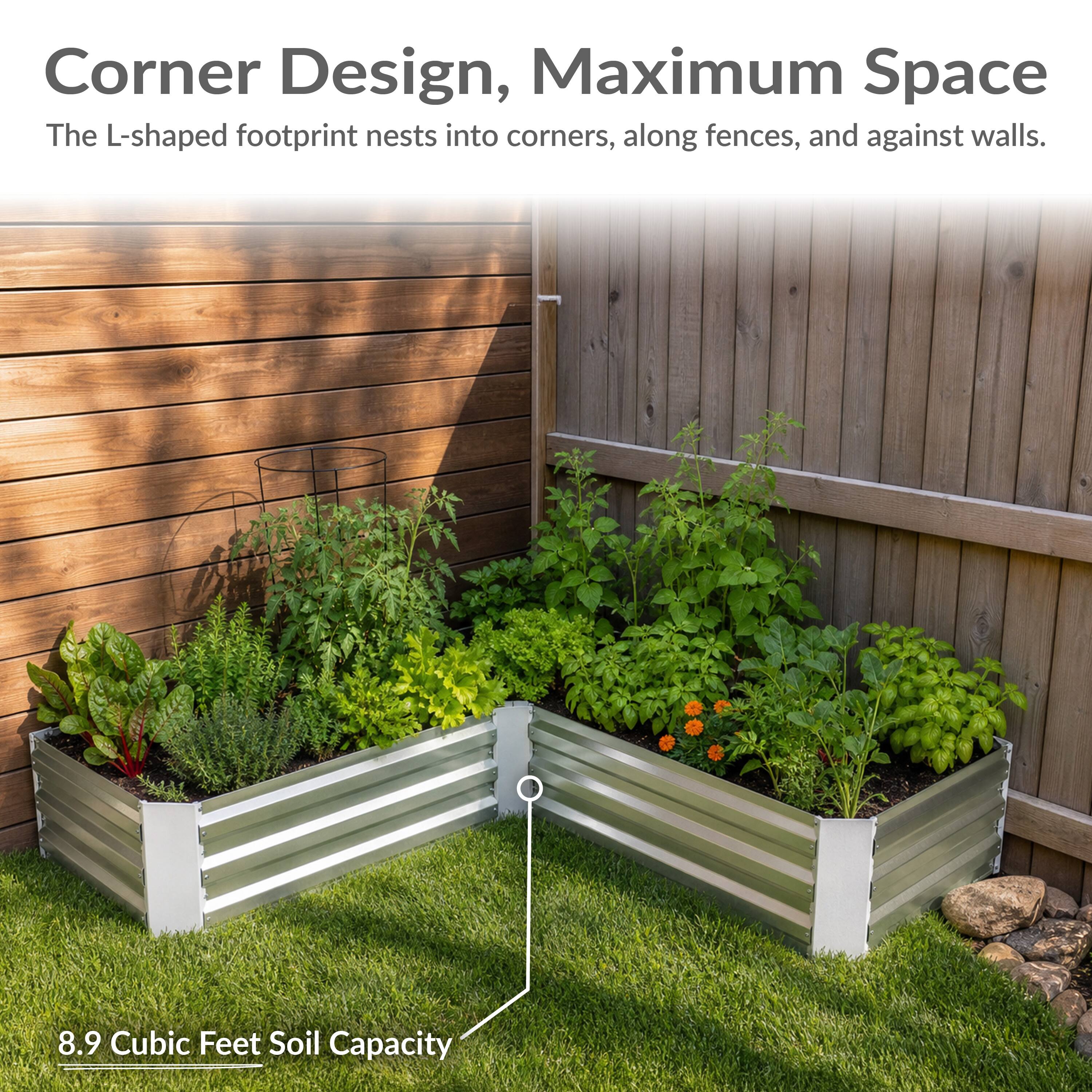 Corner Design, Maximum Space

The L-shaped footprint nests into corners, along fences, and against walls.

8.9 Cubic Feet Soil Capacity
