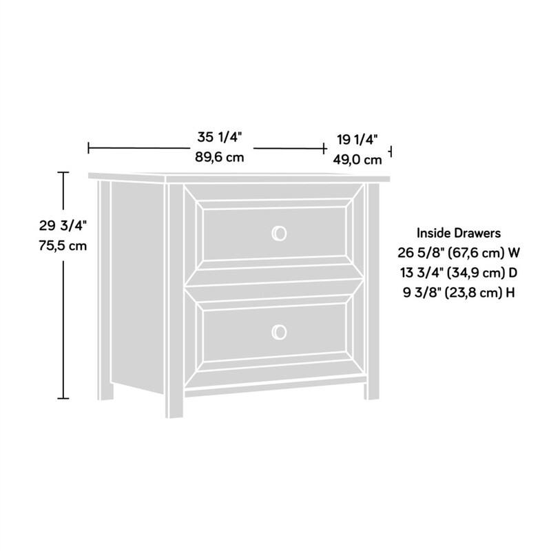 T 29 3/4" 75,5 cm  
35 1/4" 89,6 cm  
19 1/4" 49,0 cm  

Inside Drawers  
26 5/8" (67,6 cm) W  
13 3/4" (34,9 cm) D  
9 3/8" (23,8 cm) H