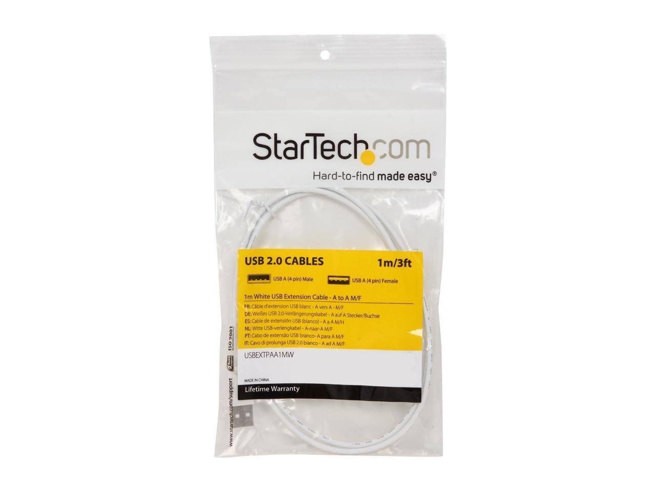 StarTech.com  
Hard-to-find made easy  

USB 2.0 CABLES  
1m/3ft  

USB A (4 pin) Male  
USB A (4 pin) Female  

1m White USB Extension Cable A to A M/F  

FR: Cable d'extension USB blanc - A vers A M/F  
DE: Weißes USB 2.0-Verlängerungskabel - A auf A Stecker/Buchse  
ES: Cable de extensión USB blanco - A a A M/F  
NL: Witte USB-verlengkabel A-naar A M/F  
PT: Cabo de extensão USB branco - A para A M/F  
IT: Cavo di prolunga USB 20 bianco - A ad A M/F  

USBEXTPA1MW  

MADE IN CHINA  

Lifetime Warranty  

www.startech.com/support
